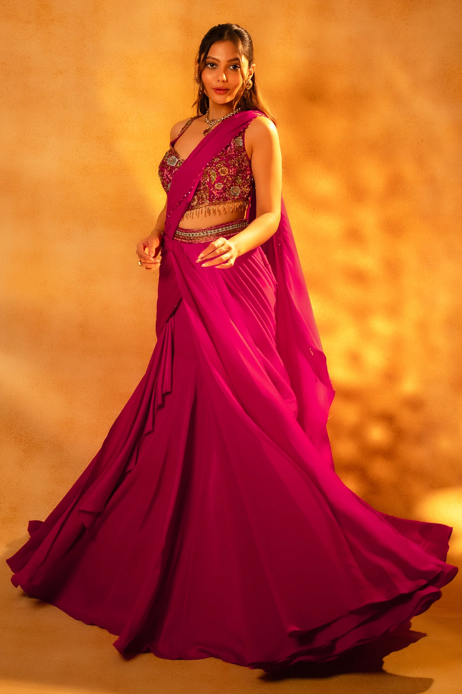 Pink Crepe Satin Draped Lehenga with Attached Dupatta and Designer Blouse - Image 3