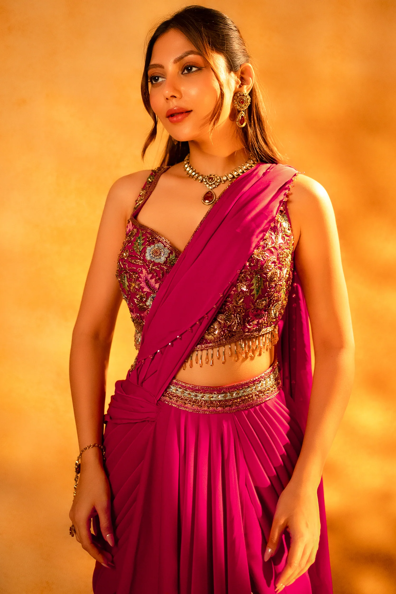 Pink Crepe Satin Draped Lehenga with Attached Dupatta and Designer Blouse - Image 4