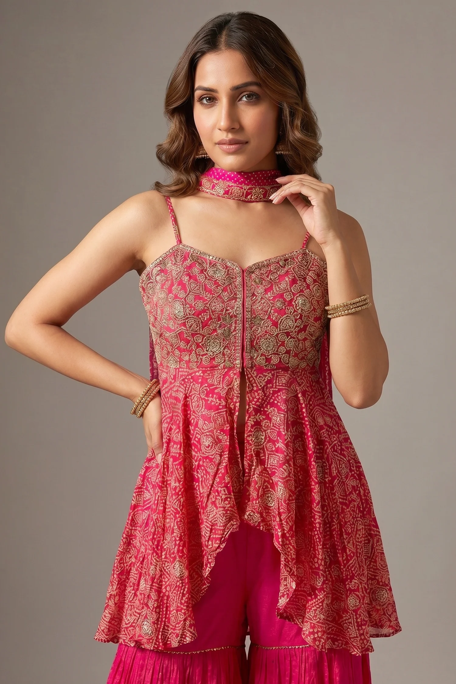 Pink Crepe Satin Silk Printed Slit Cut Sharara Suit with Cutdana Bodice - Image 2