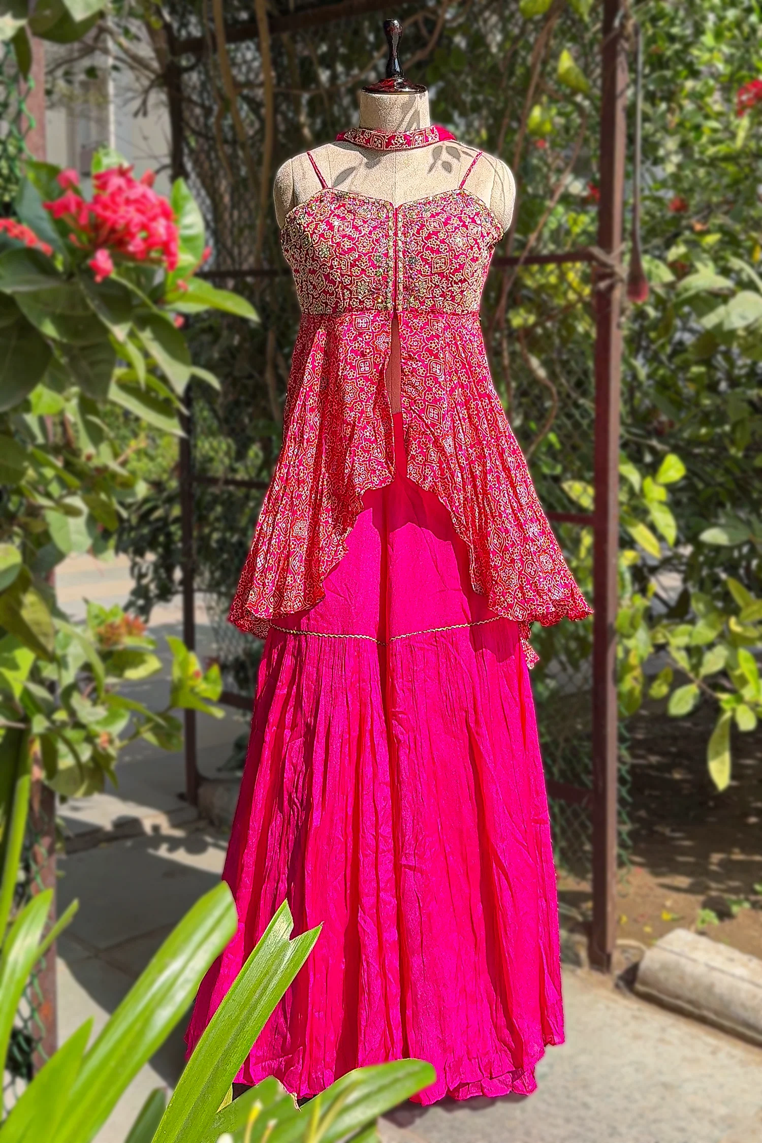Pink Crepe Satin Silk Printed Slit Cut Sharara Suit with Cutdana Bodice - Image 3