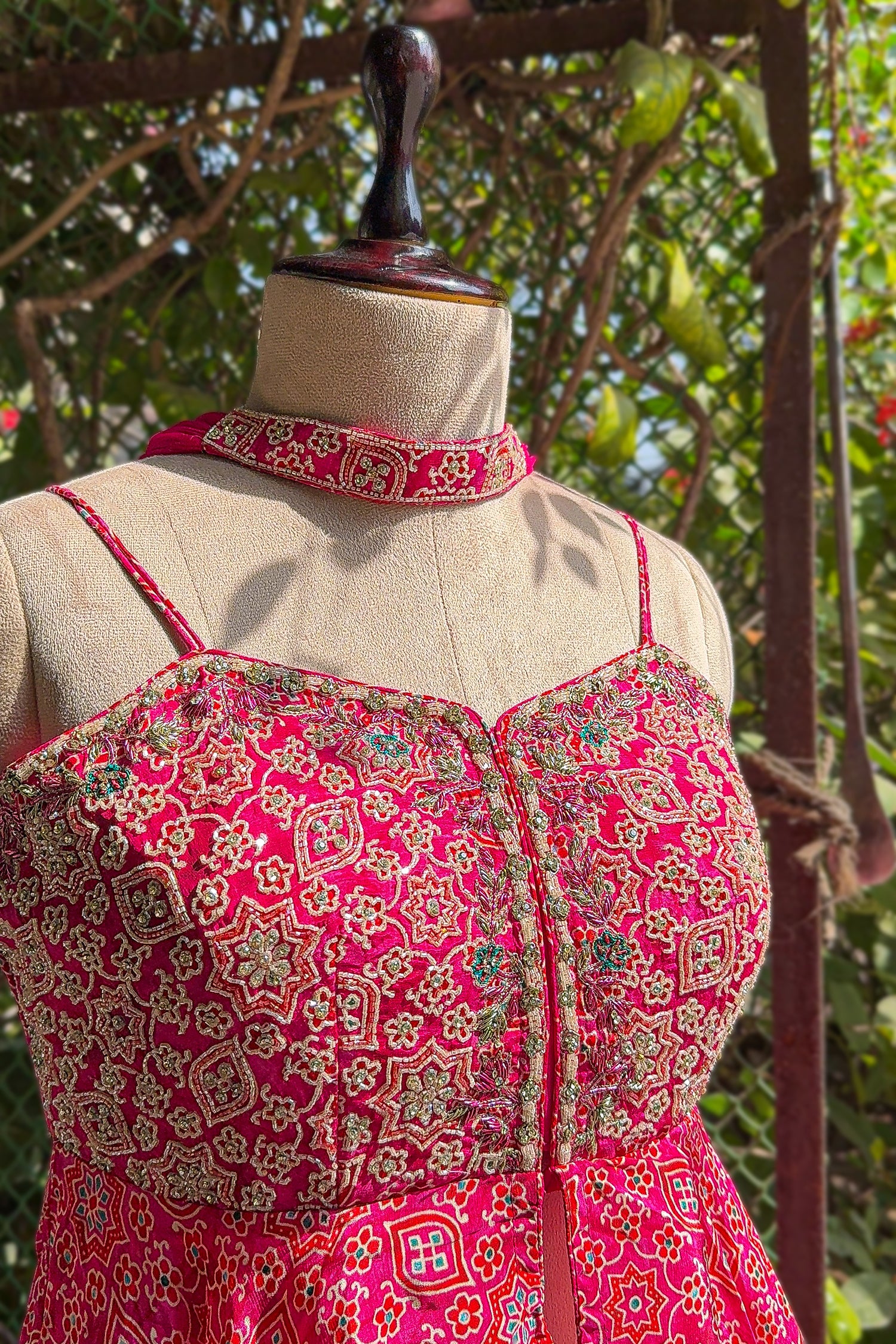 Pink Crepe Satin Silk Printed Slit Cut Sharara Suit with Cutdana Bodice - Image 4