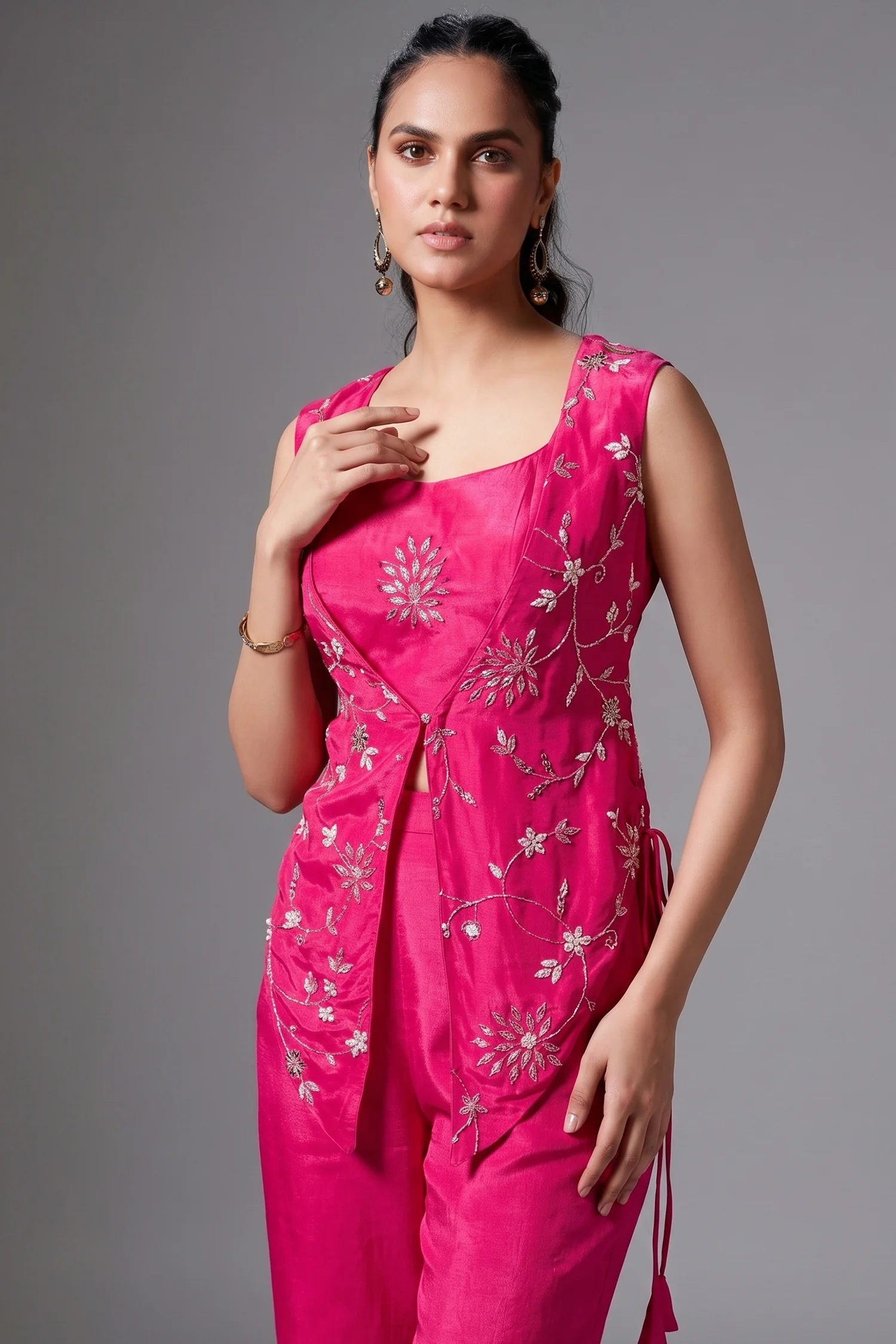 Pink Crepe Satin Silk Sequins Cutdana Work Crop Top Palazzo Set with Jacket - Image 2