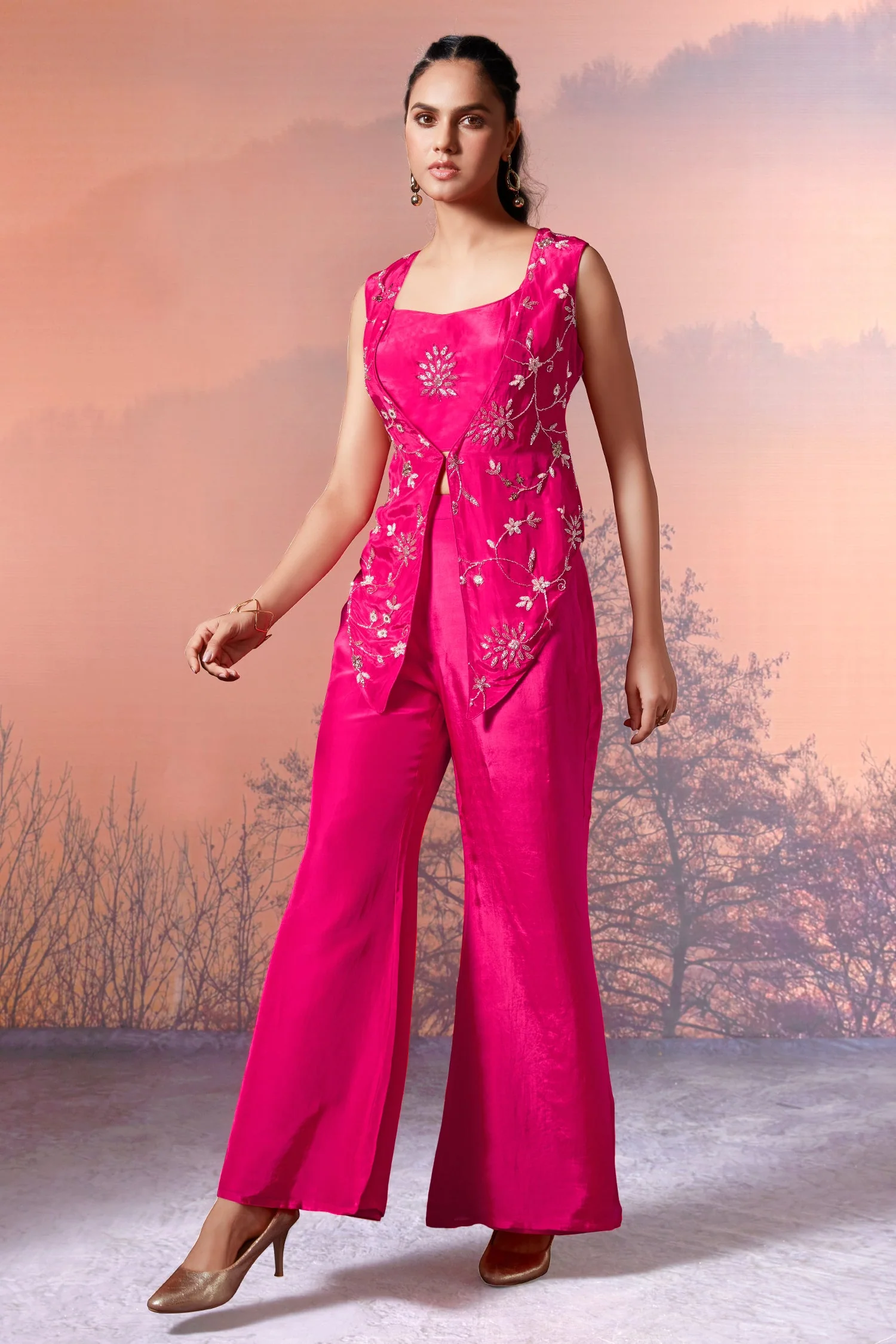 Pink Crepe Satin Silk Sequins Cutdana Work Crop Top Palazzo Set with Jacket - Image 3