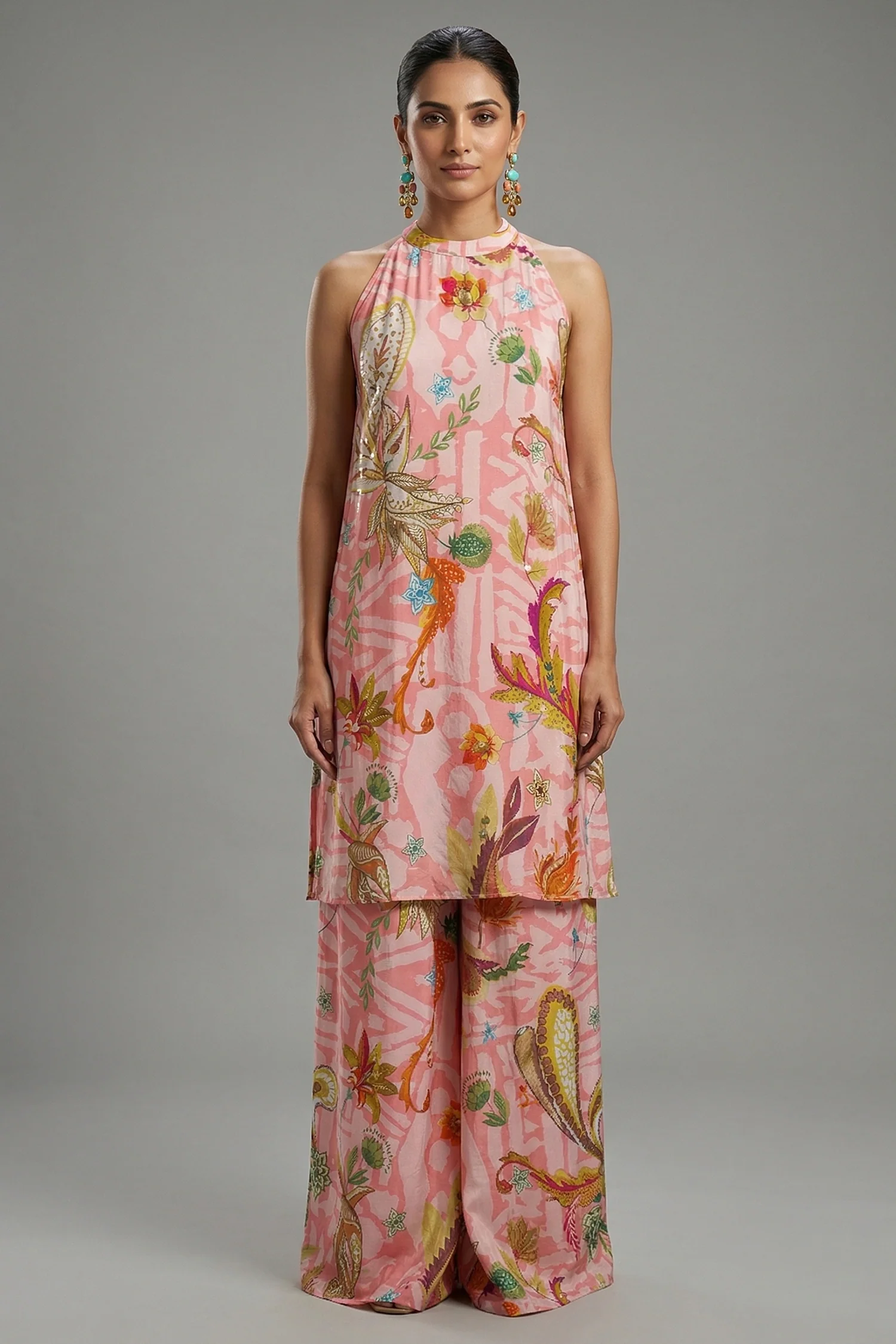 Pink Crepe Silk Digital Floral Printed Halter Neck Co-Ord Set
