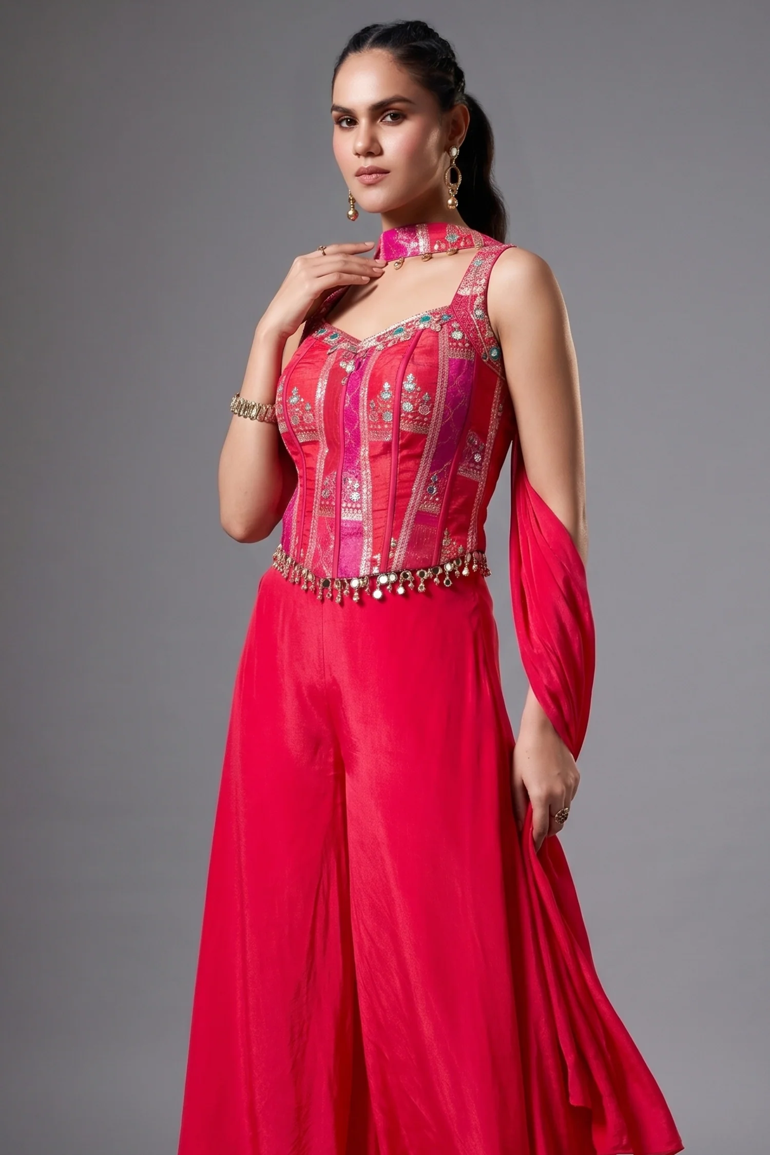 Pink Crepe Silk Woven Corset Palazzo Set - Image 2