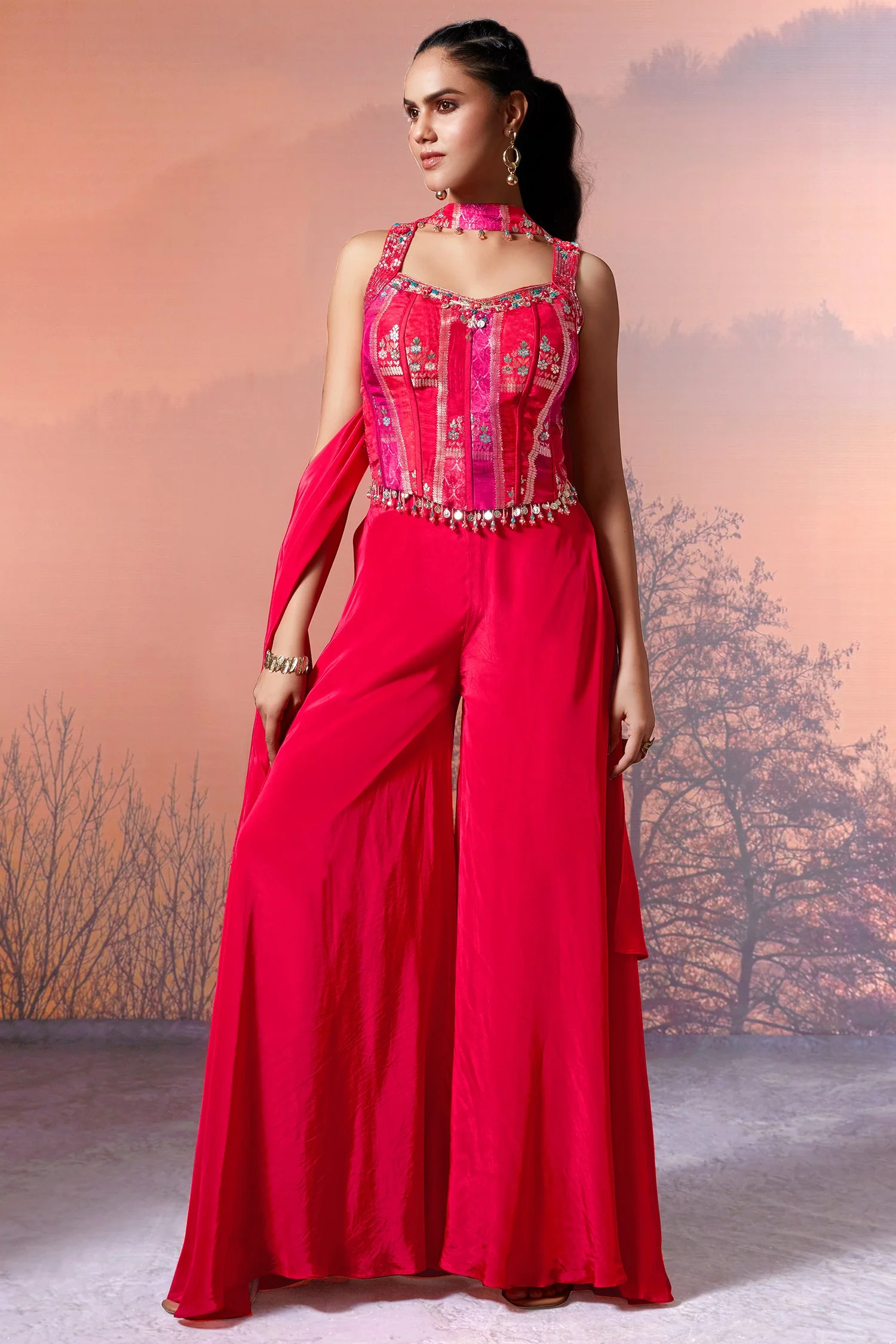Pink Crepe Silk Woven Corset Palazzo Set - Image 3