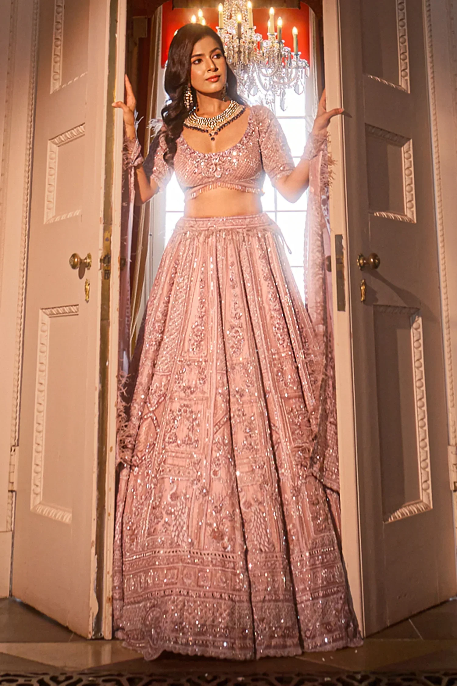 Pink Designer Heavy Bead and Sequin Work Lehenga Choli in Organza - Image 2