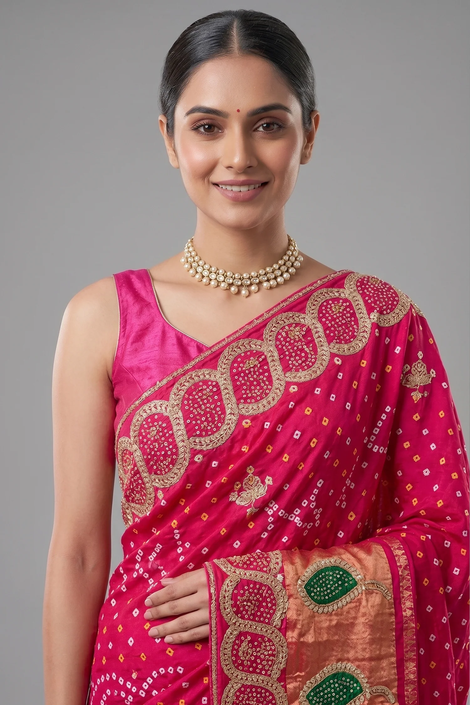 Pink Dola Silk Bandhej Saree with Gota Work - Image 2
