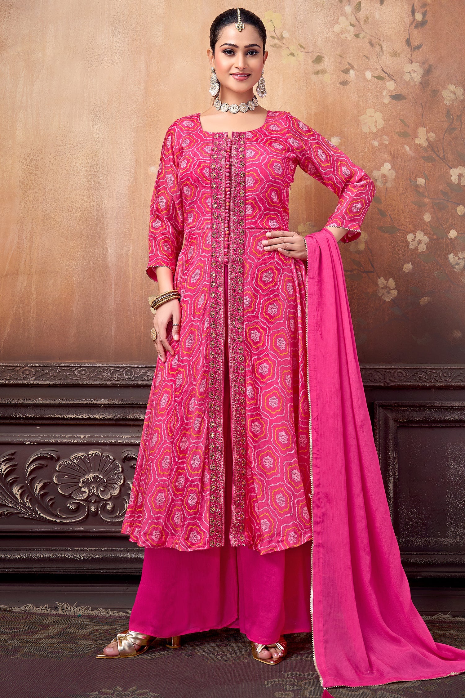 Pink Georgette Bandhej Printed Slit Cut Palazzo Suit - Image 2