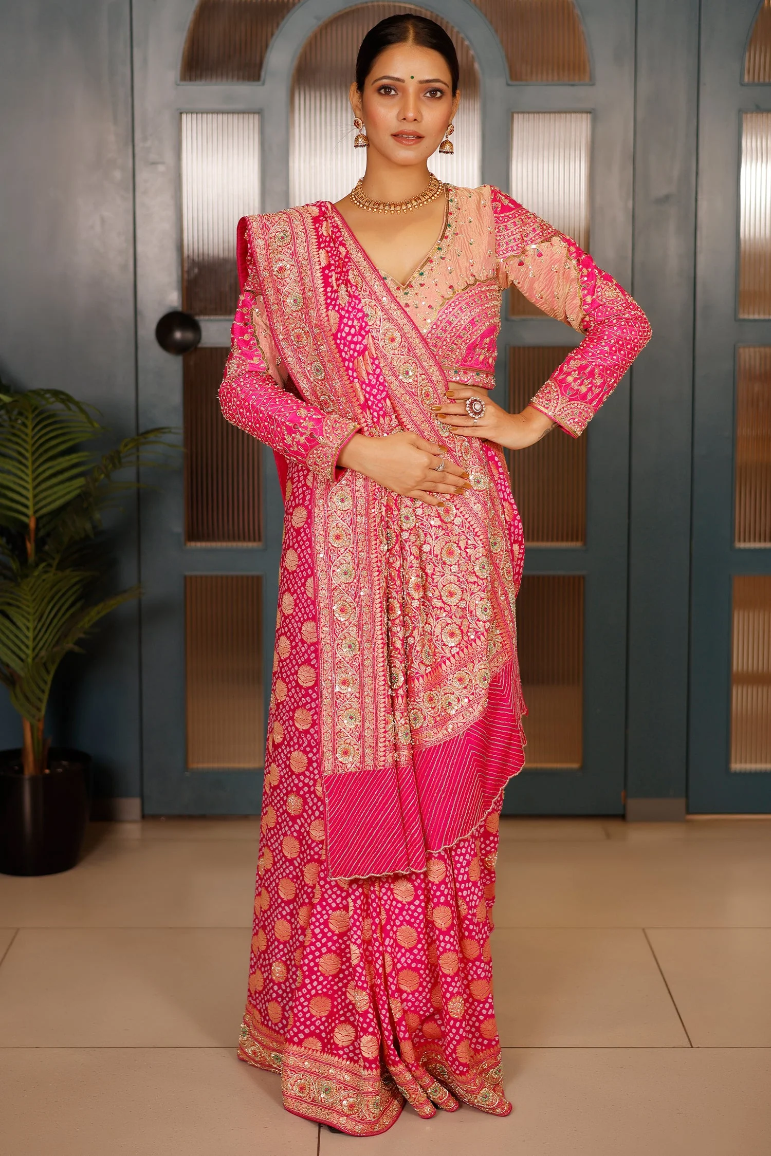 Pink Georgette Bandhej Traditional Saree with Kaat and Sequin Beaded Work - Image 2