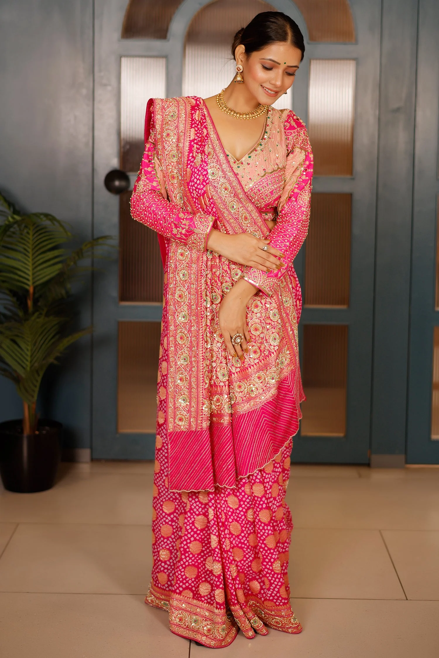 Pink Georgette Bandhej Traditional Saree with Kaat and Sequin Beaded Work - Image 3