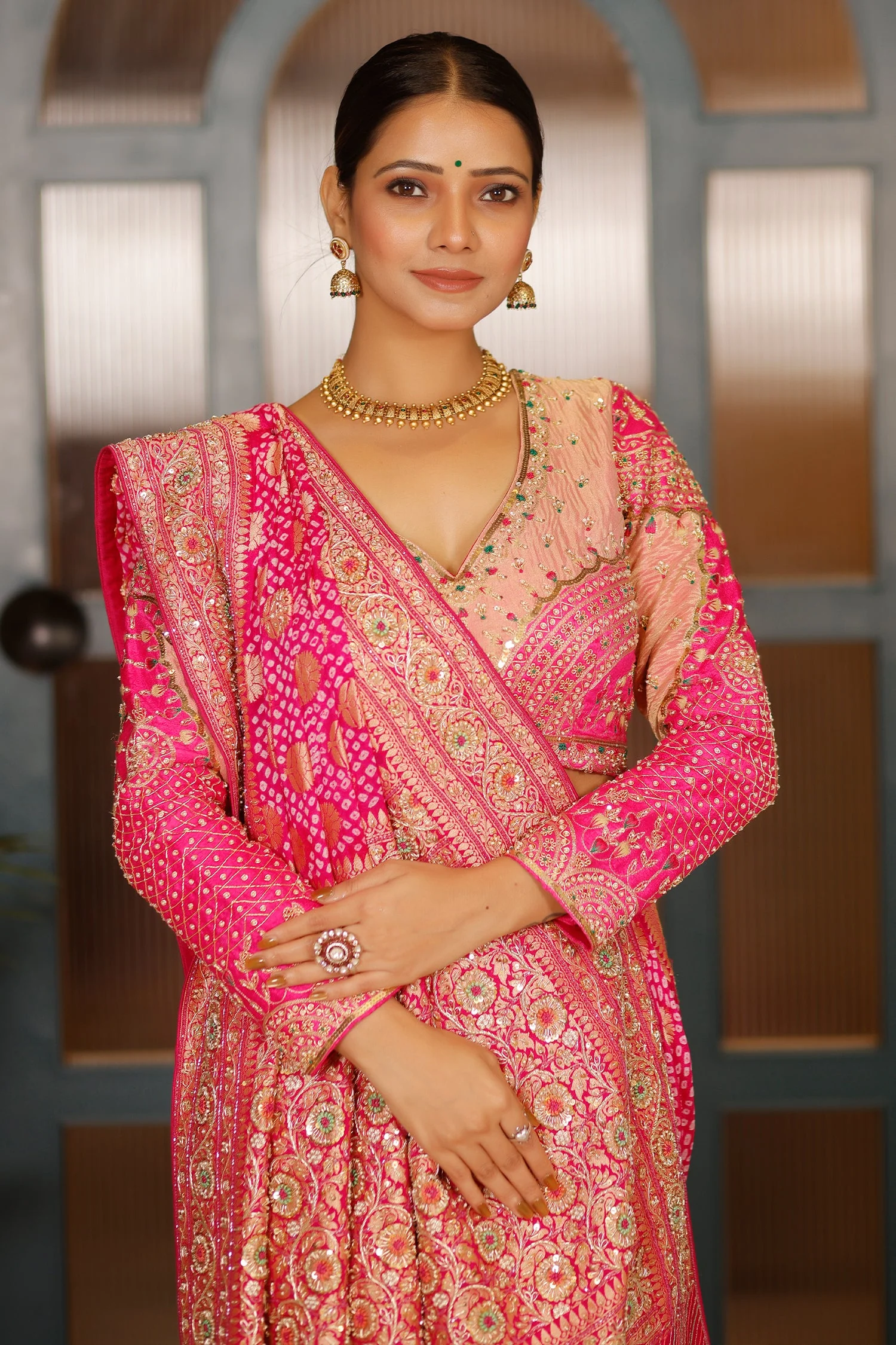 Pink Georgette Bandhej Traditional Saree with Kaat and Sequin Beaded Work - Image 4