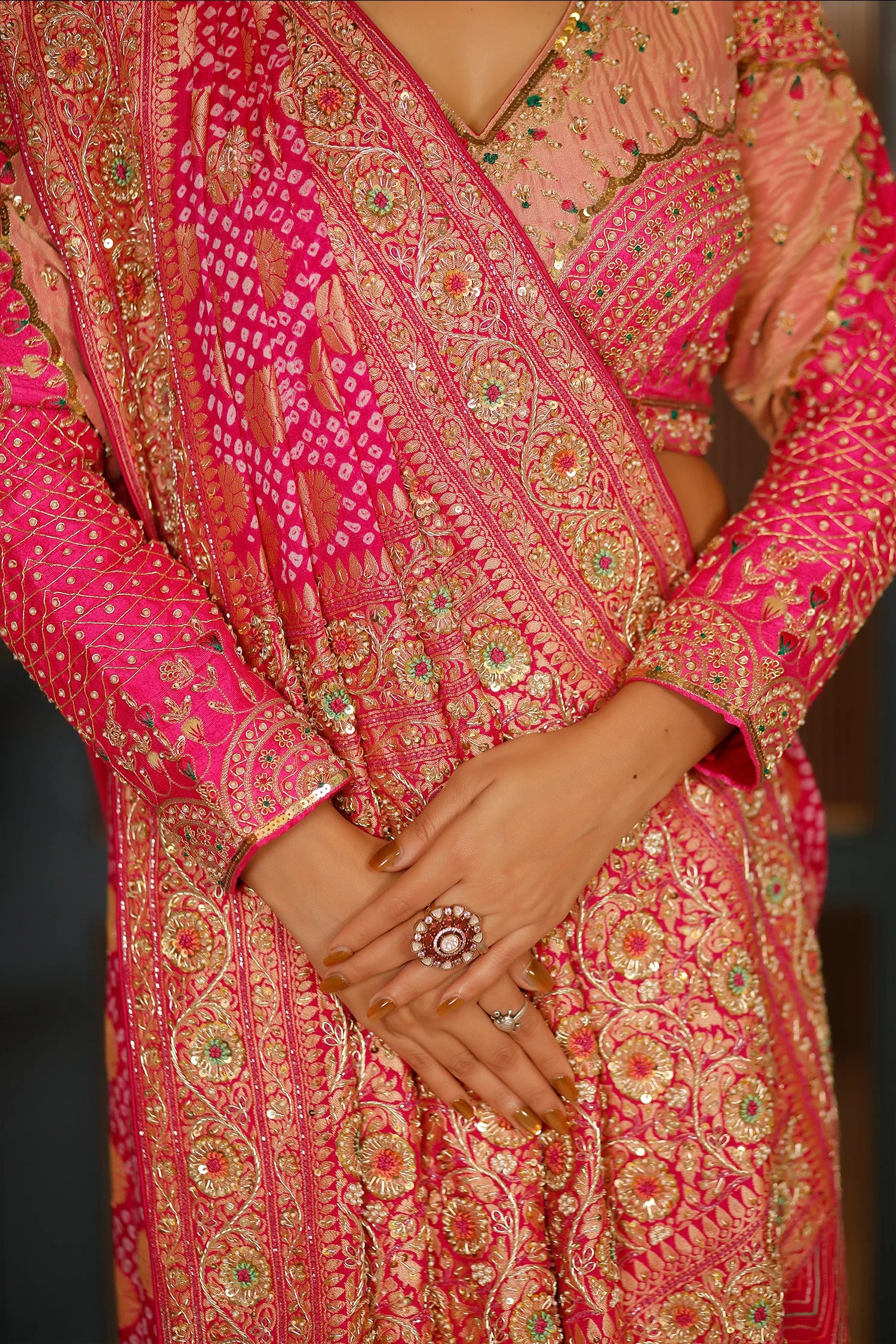 Pink Georgette Bandhej Traditional Saree with Kaat and Sequin Beaded Work - Image 5