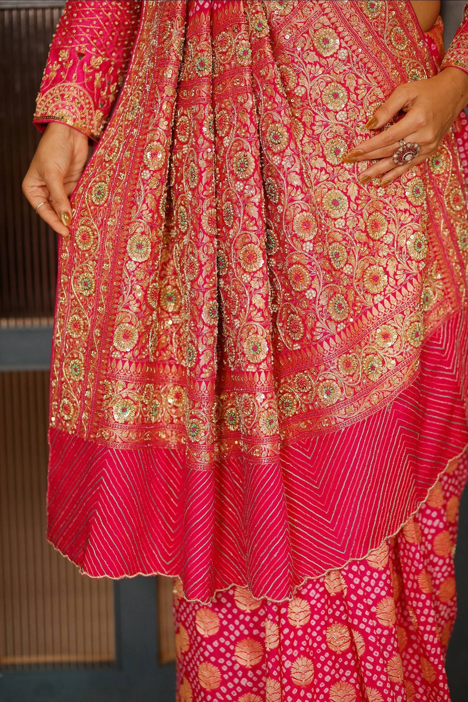 Pink Georgette Bandhej Traditional Saree with Kaat and Sequin Beaded Work - Image 6