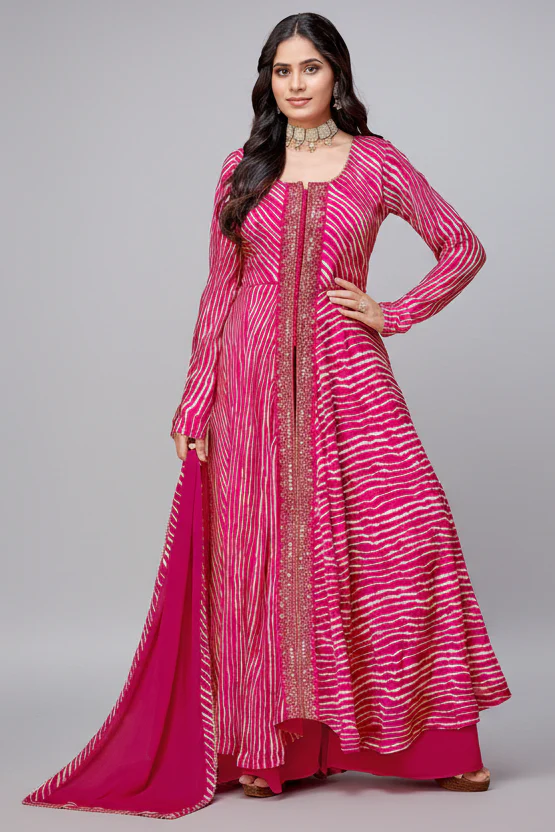 Pink Georgette Chiffon Leheriya Printed Palazzo Suit with Mirror Work
