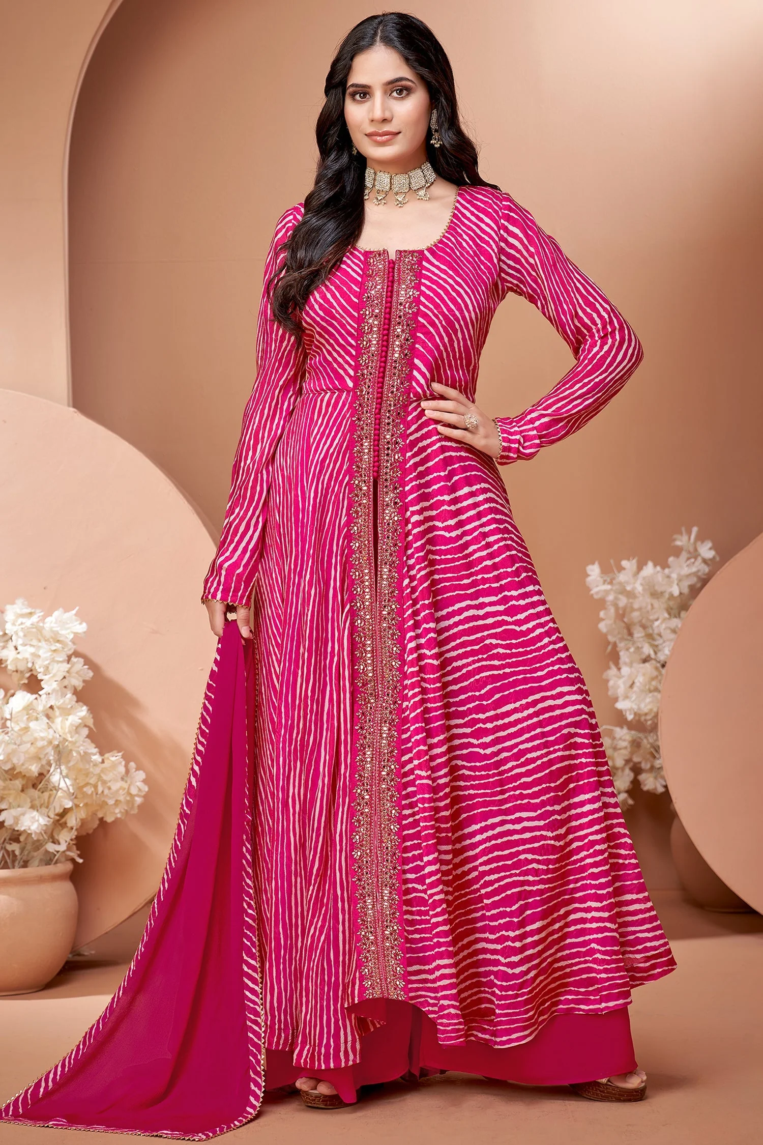 Pink Georgette Chiffon Leheriya Printed Palazzo Suit with Mirror Work - Image 2