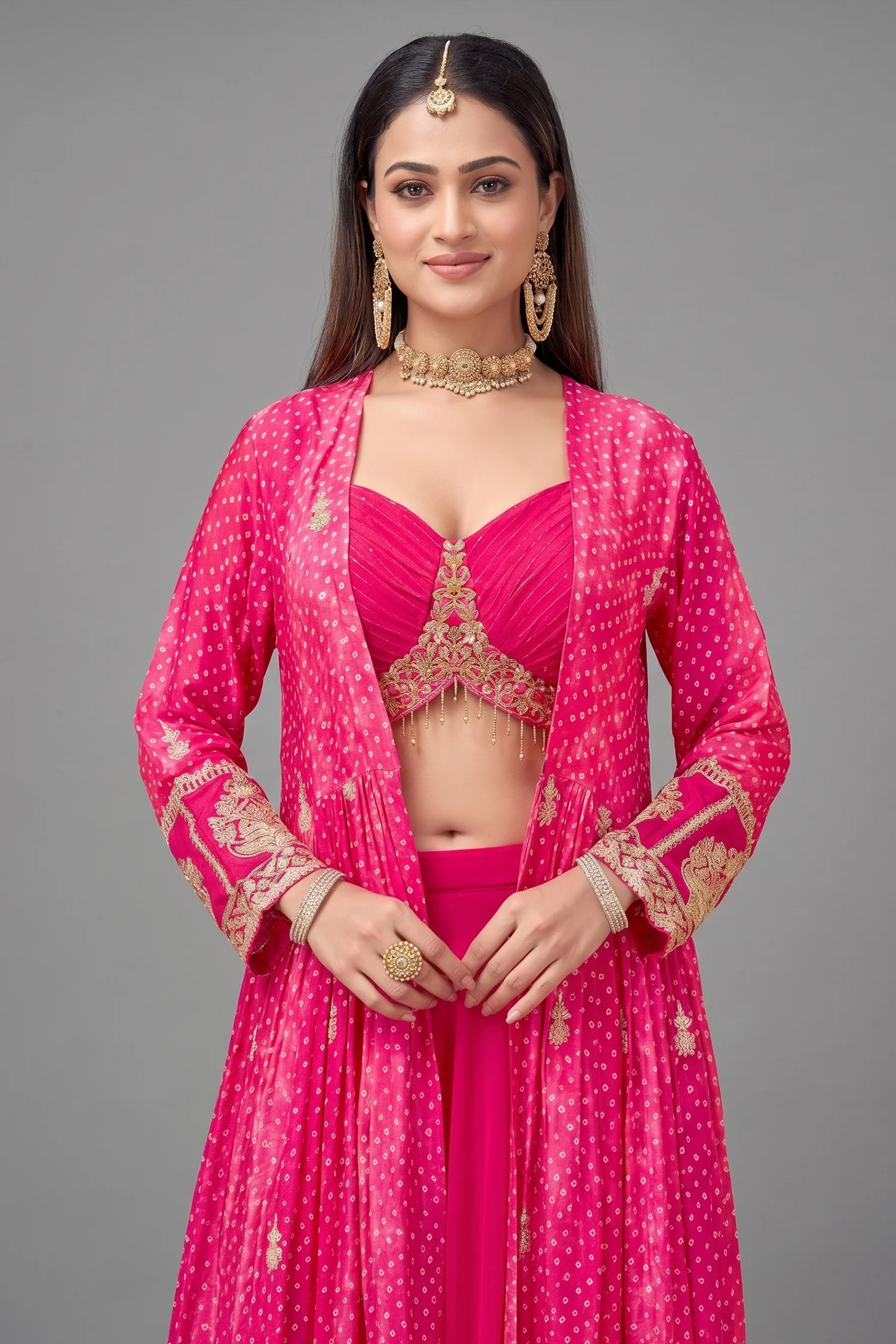 Pink Georgette Crop Top Palazzo Set with Printed Jacket - Image 2