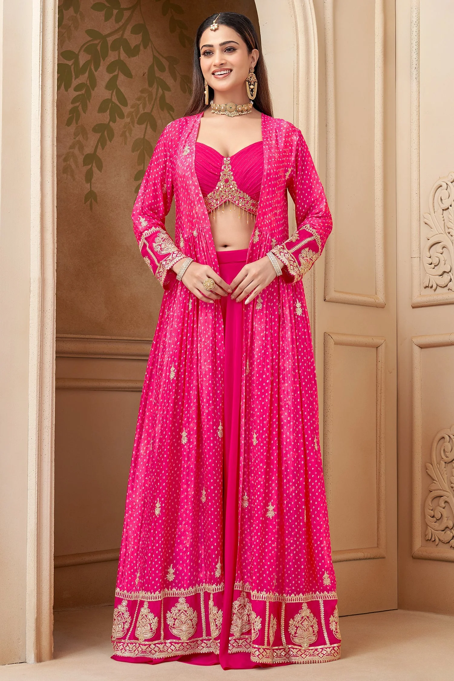 Pink Georgette Crop Top Palazzo Set with Printed Jacket - Image 3