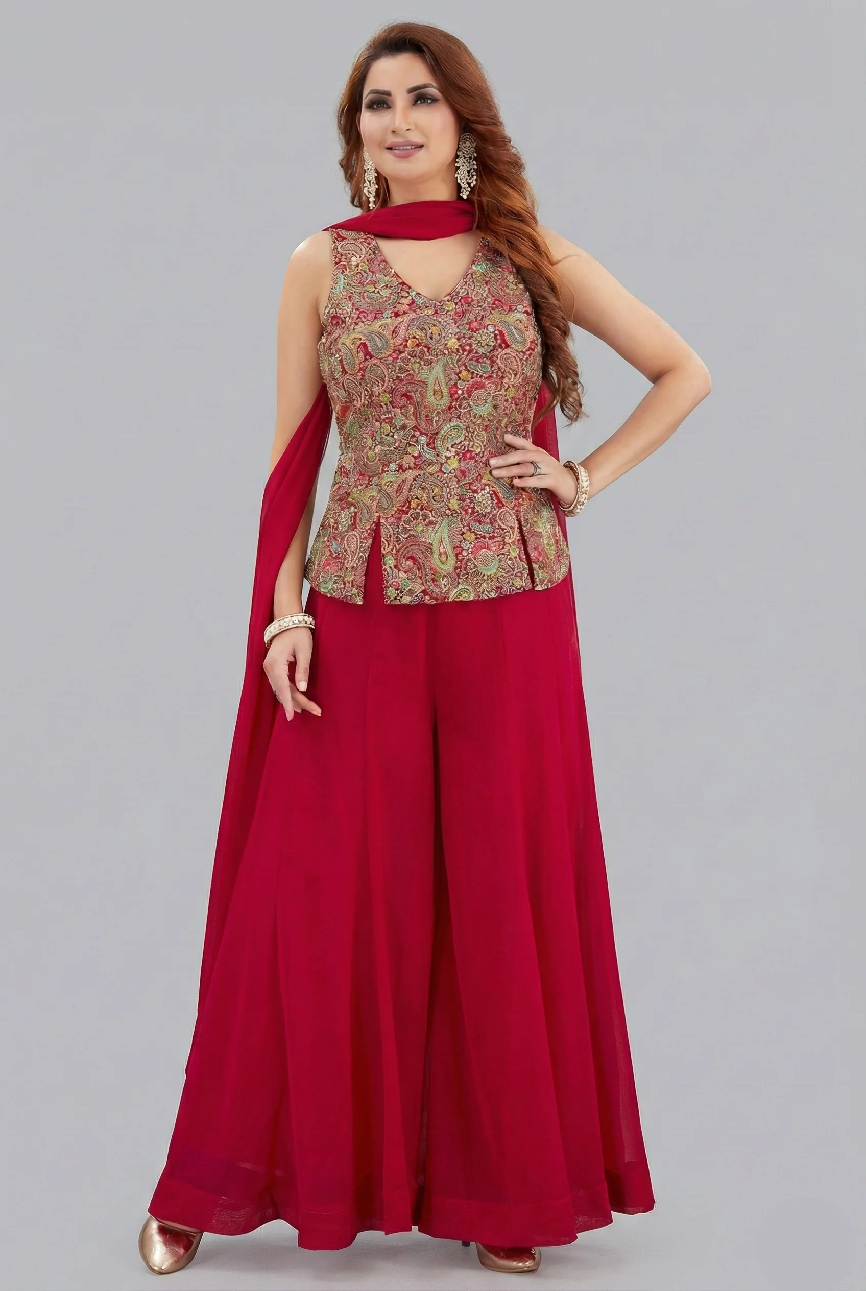 Pink Georgette Embroidered Palazzo Suit