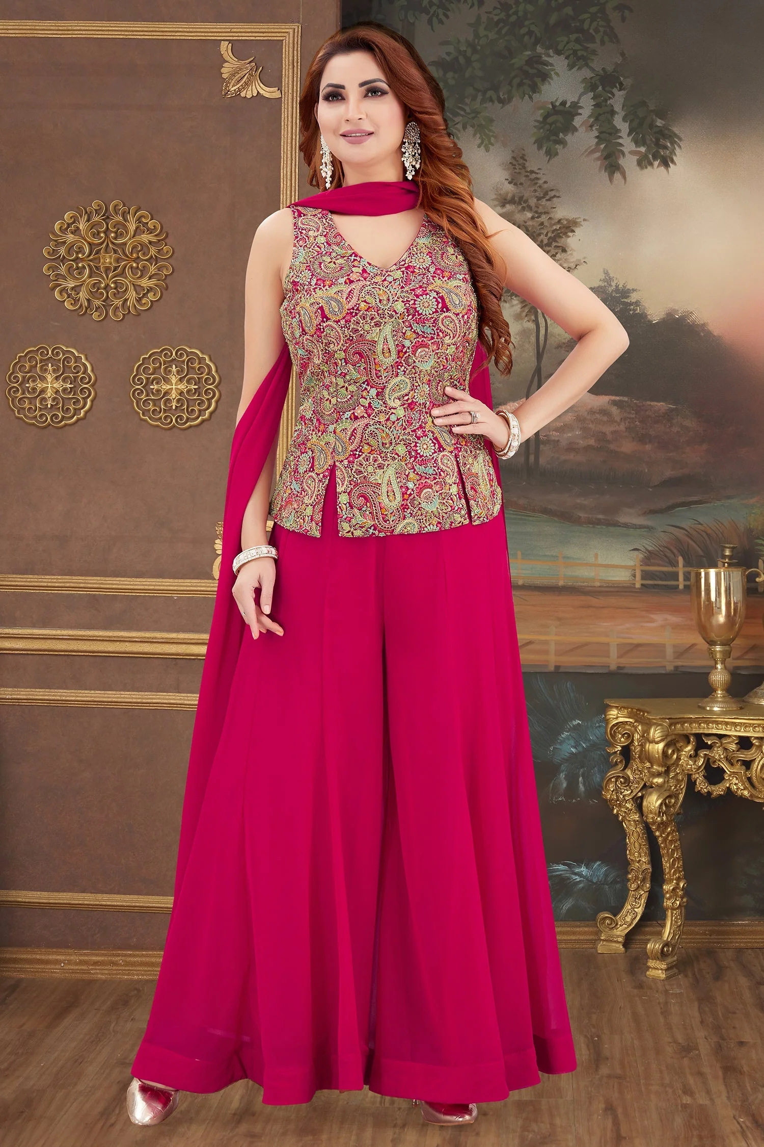Pink Georgette Embroidered Palazzo Suit - Image 3