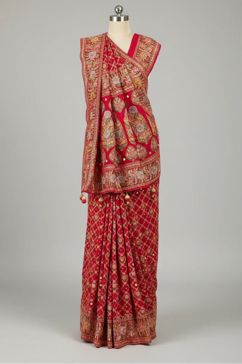 Pink Georgette Floral Woven Bandhej Saree with Cutdana