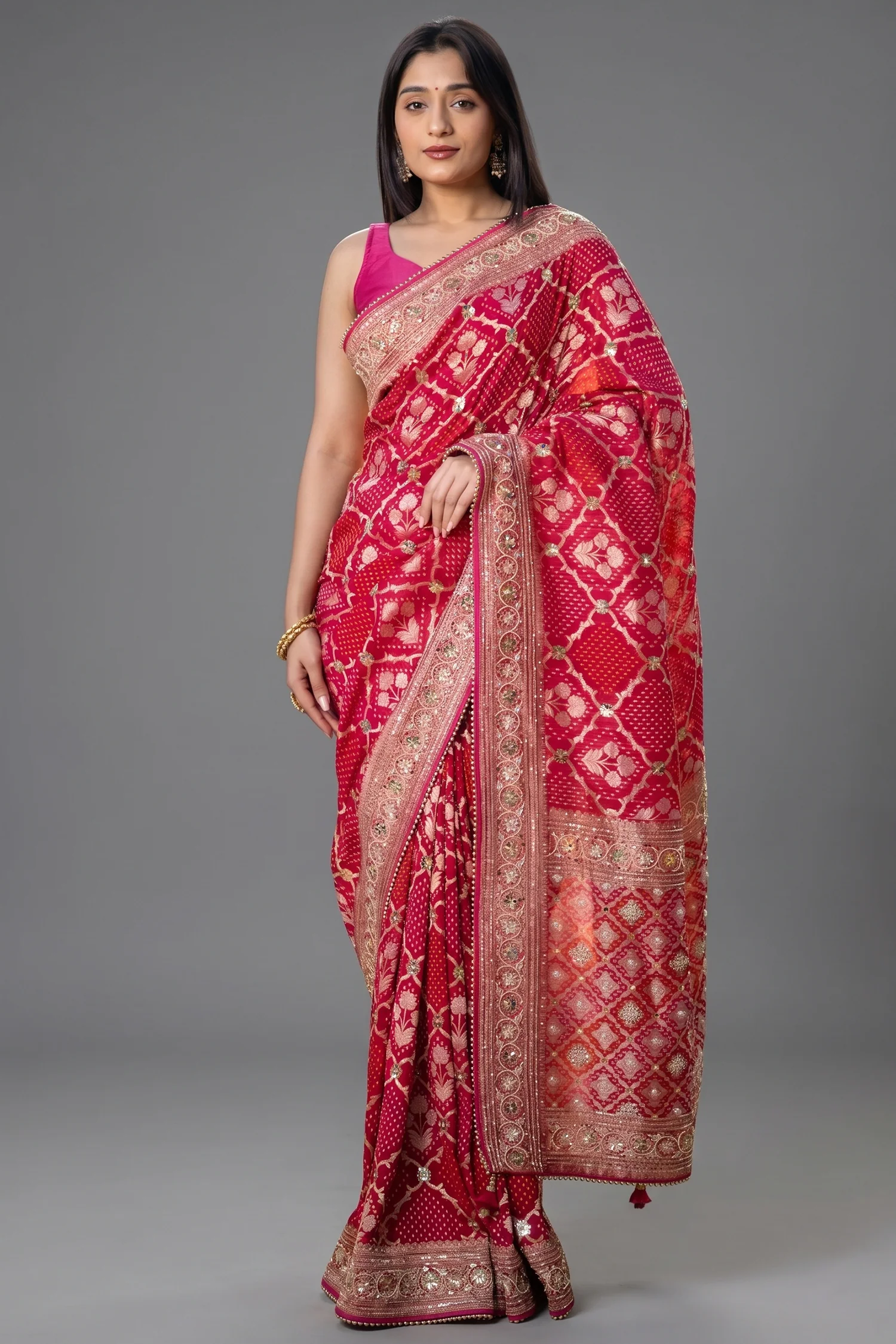 Pink Georgette Floral Woven Checks Saree with Sequin Beaded Work