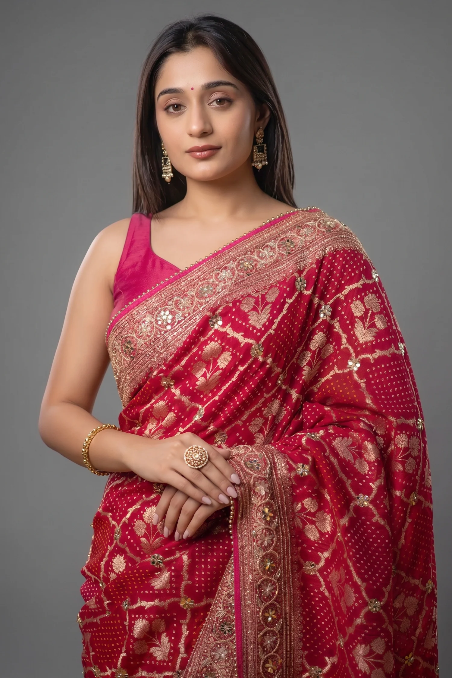 Pink Georgette Floral Woven Checks Saree with Sequin Beaded Work - Image 2