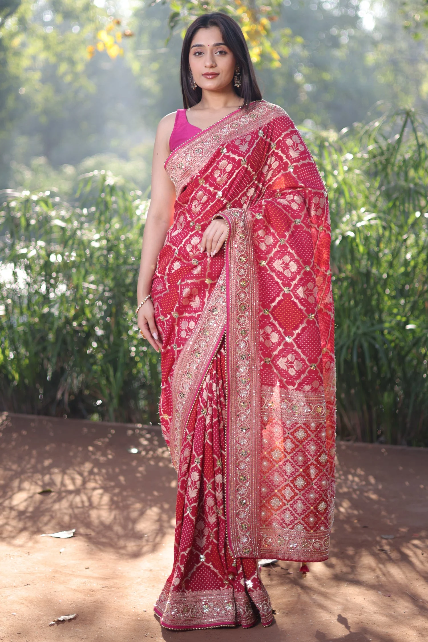 Pink Georgette Floral Woven Checks Saree with Sequin Beaded Work - Image 4
