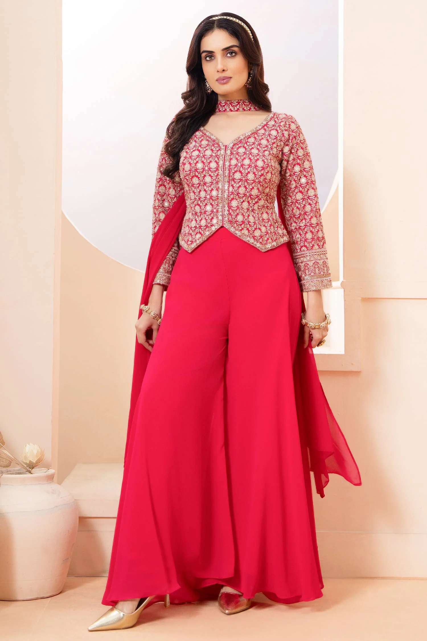 Pink Georgette Sequin Embroidered Palazzo Suit - Image 2