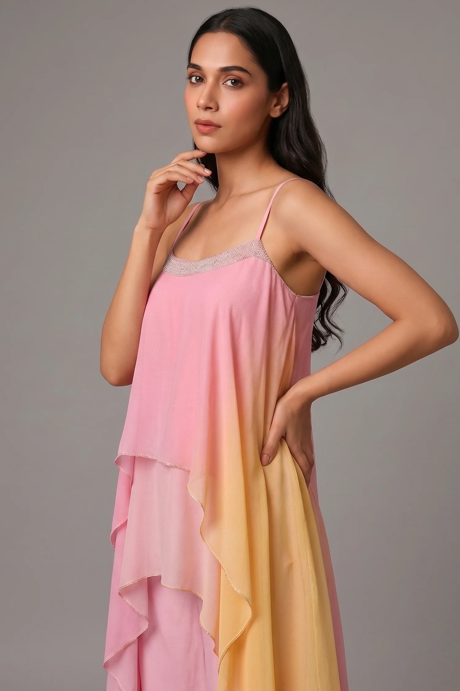 Pink Georgette Square Neck High and Low Layered Asymmetric Hem Detail Co-Ord Set - Image 2