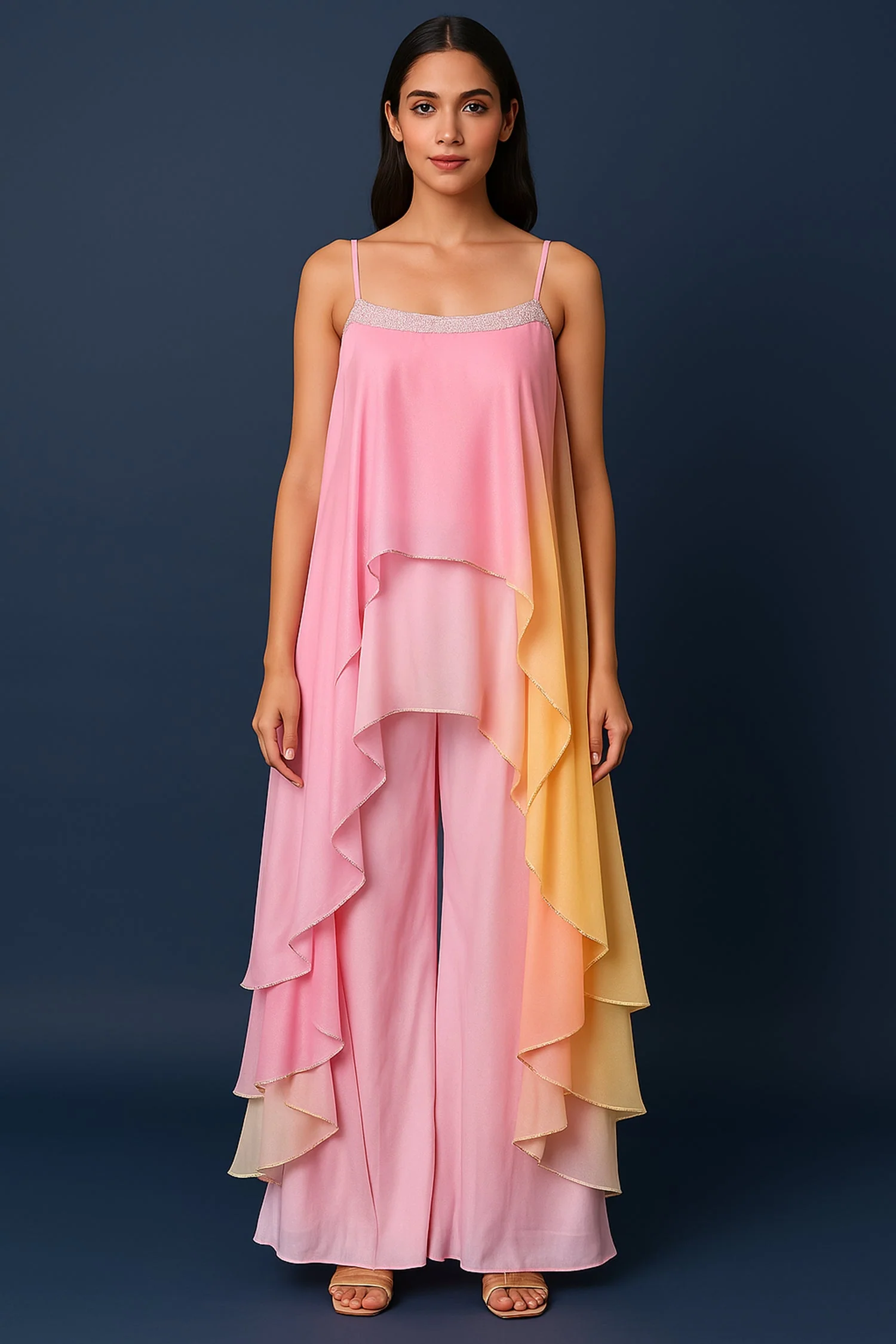 Pink Georgette Square Neck High and Low Layered Asymmetric Hem Detail Co-Ord Set - Image 3