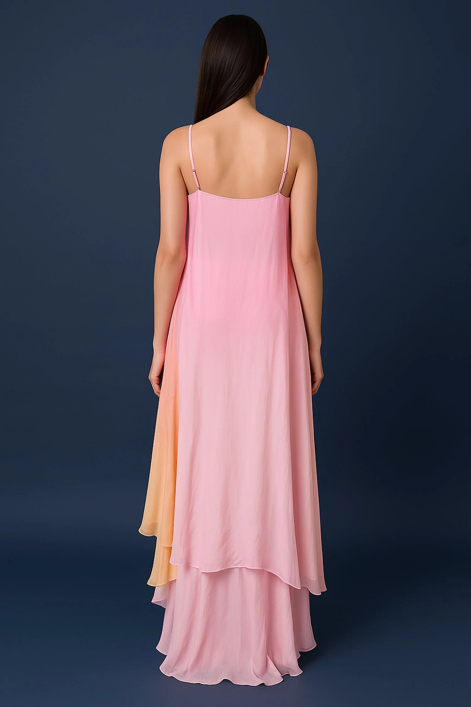 Pink Georgette Square Neck High and Low Layered Asymmetric Hem Detail Co-Ord Set - Image 4