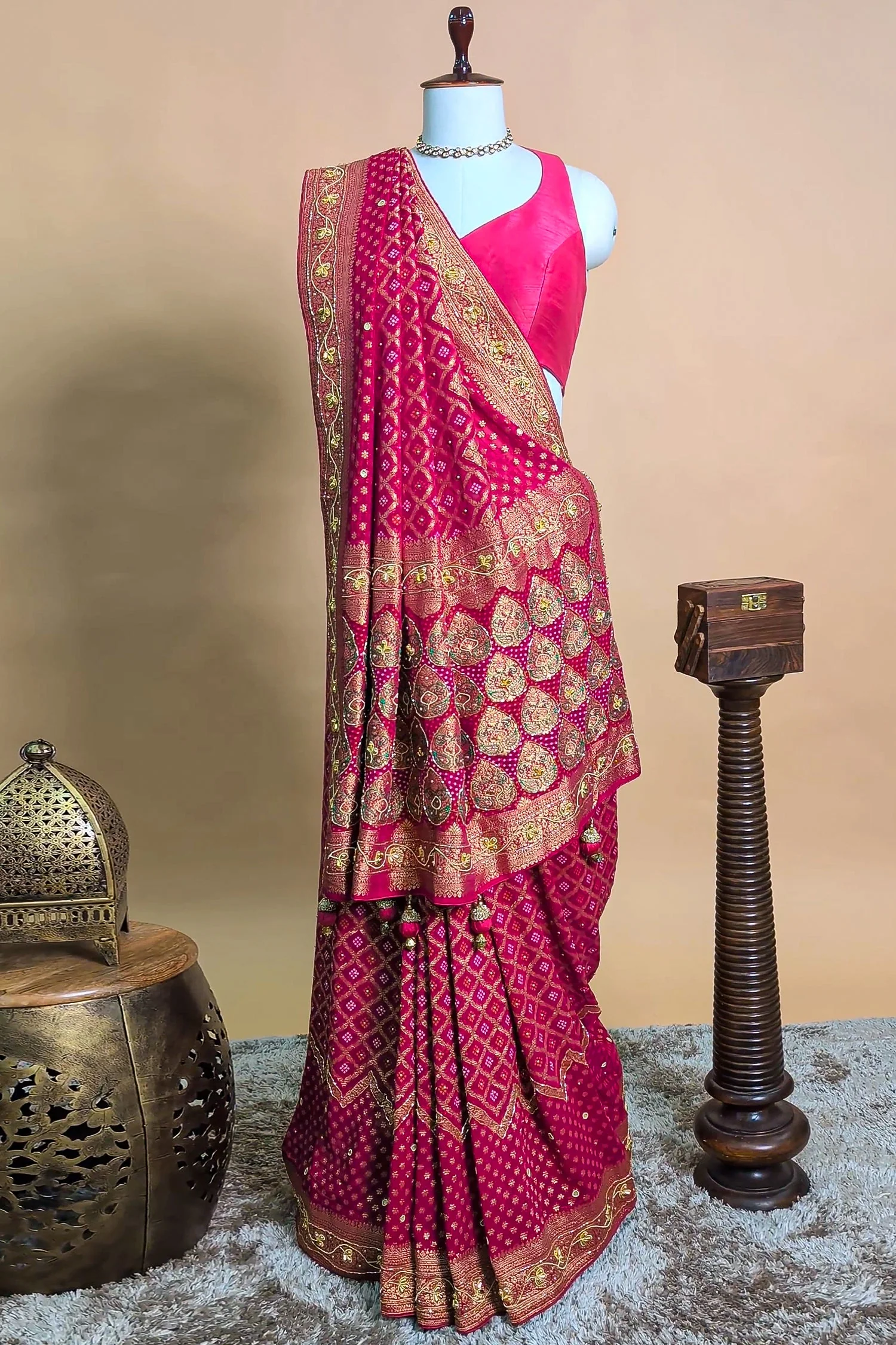 Pink Georgette Traditional Bandhej Saree with Cutdana and Bead Work - Image 2