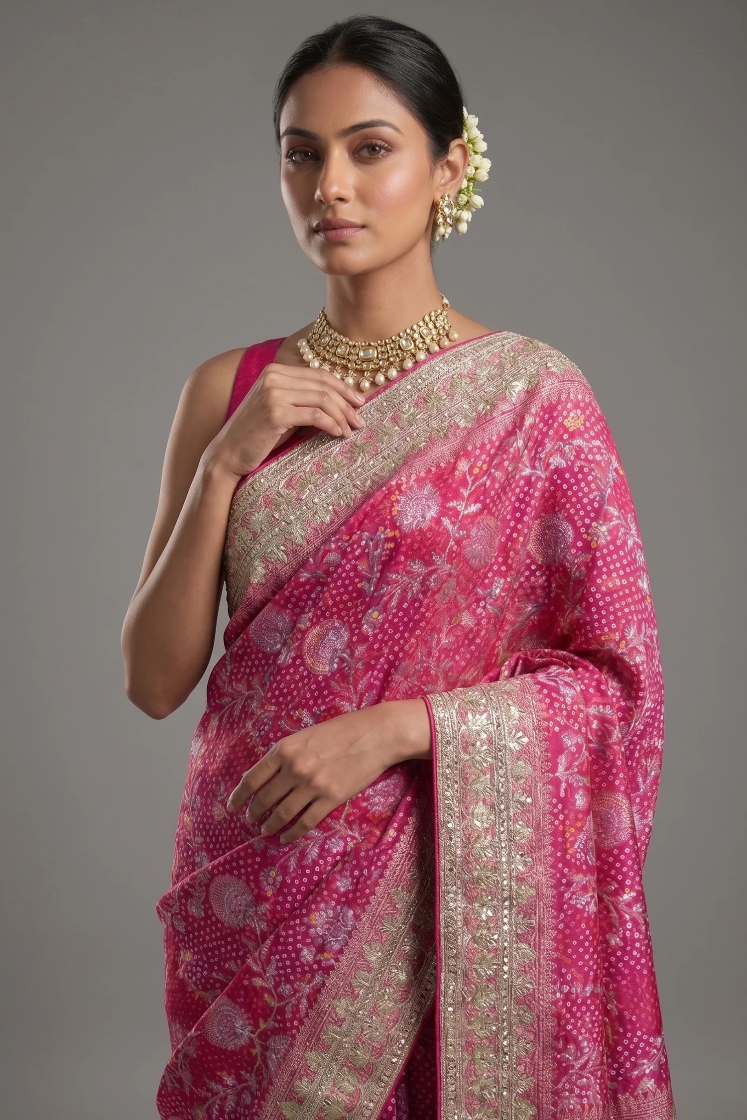Pink Georgette Traditional Bandhej Saree with Gota Work - Image 2