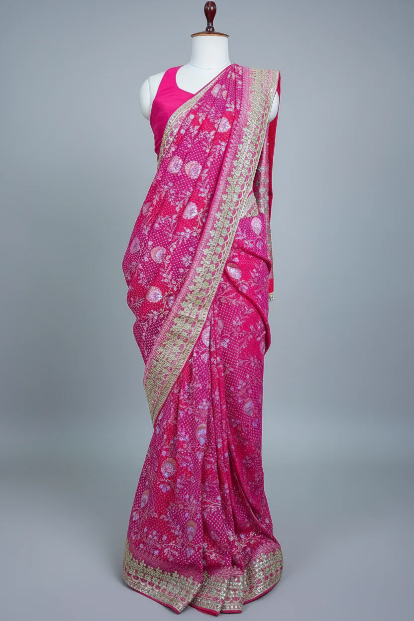 Pink Georgette Traditional Bandhej Saree with Gota Work - Image 3
