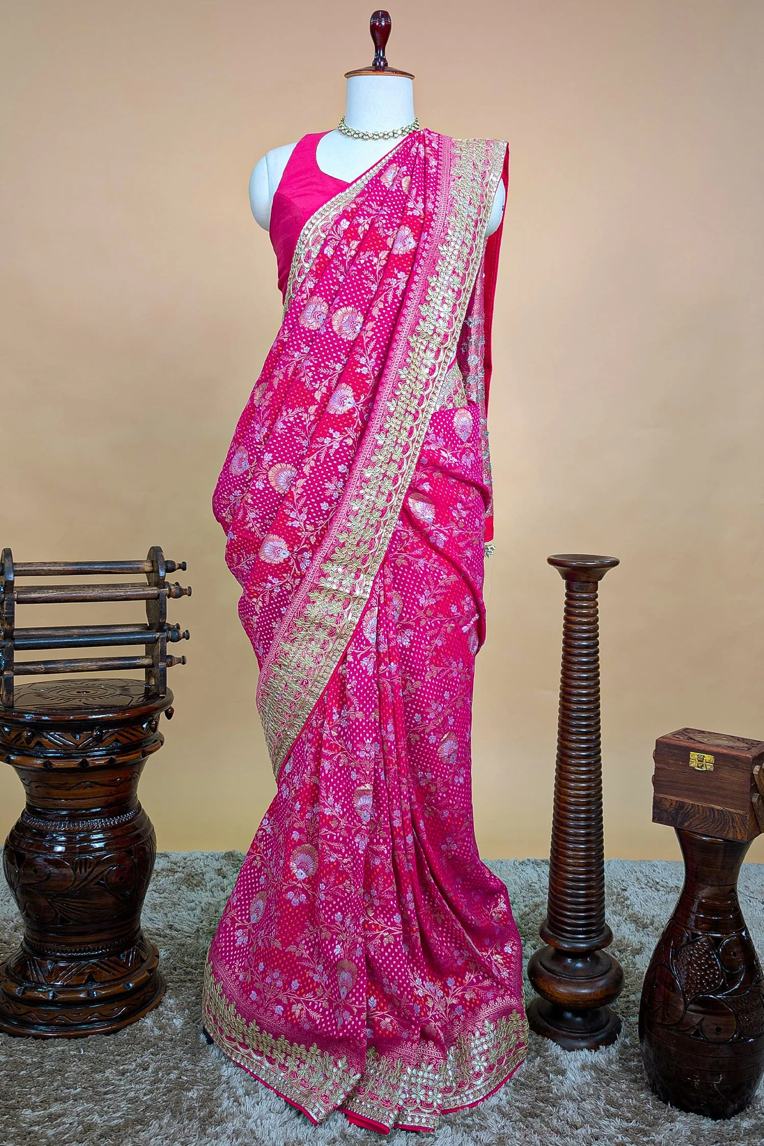 Pink Georgette Traditional Bandhej Saree with Gota Work - Image 4