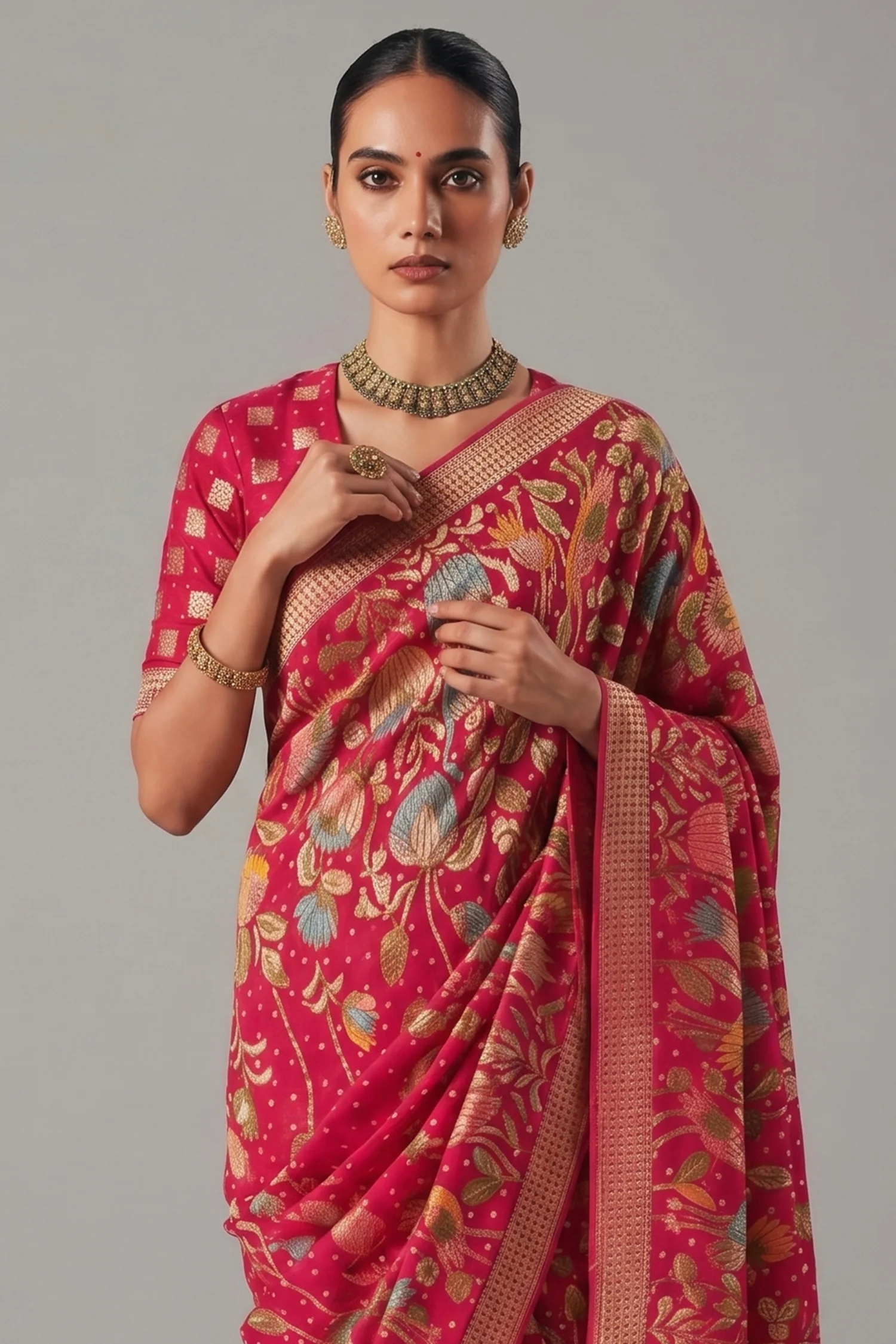 Pink Georgette Traditional Floral Motif Bandhej Saree - Image 2