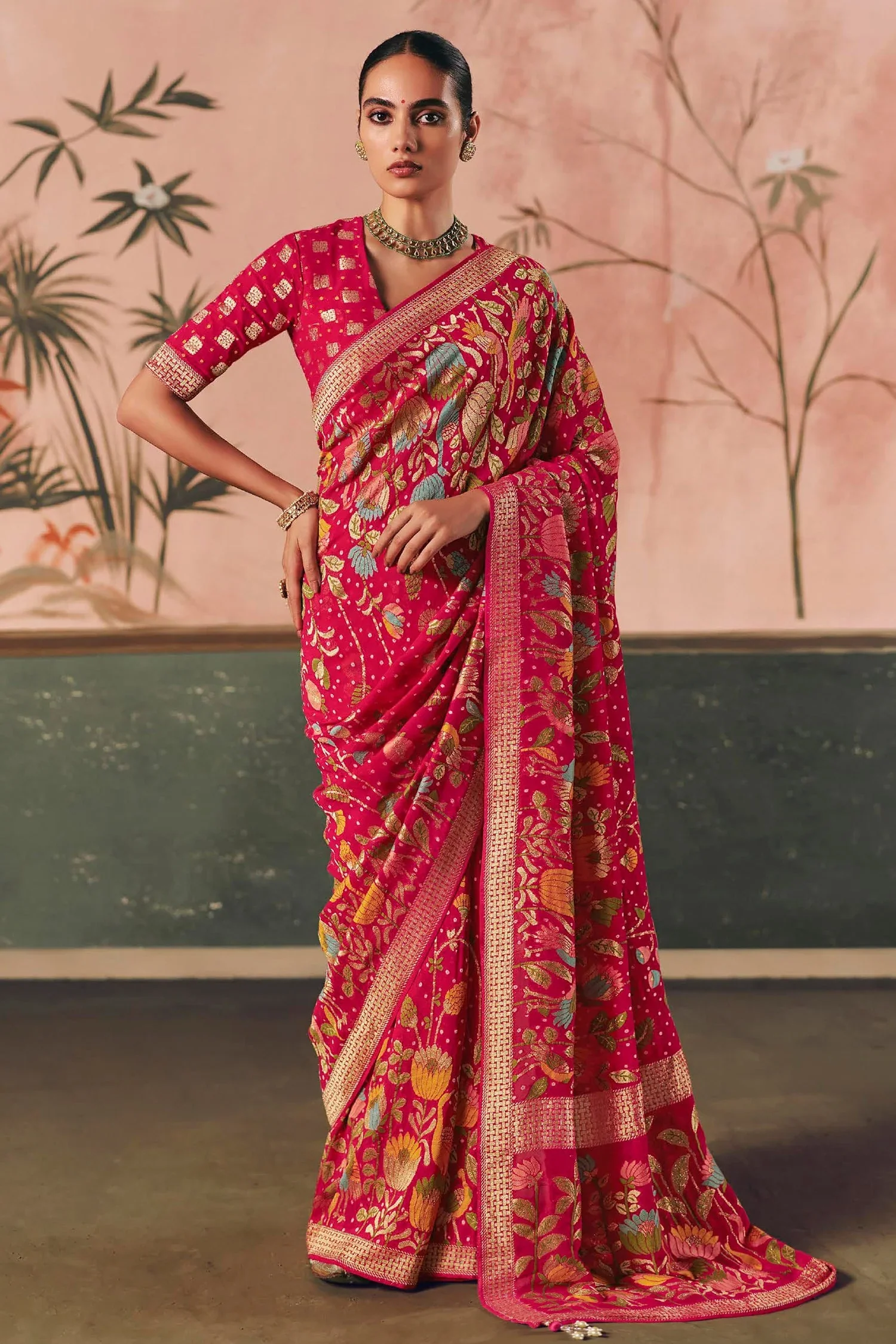 Pink Georgette Traditional Floral Motif Bandhej Saree - Image 3