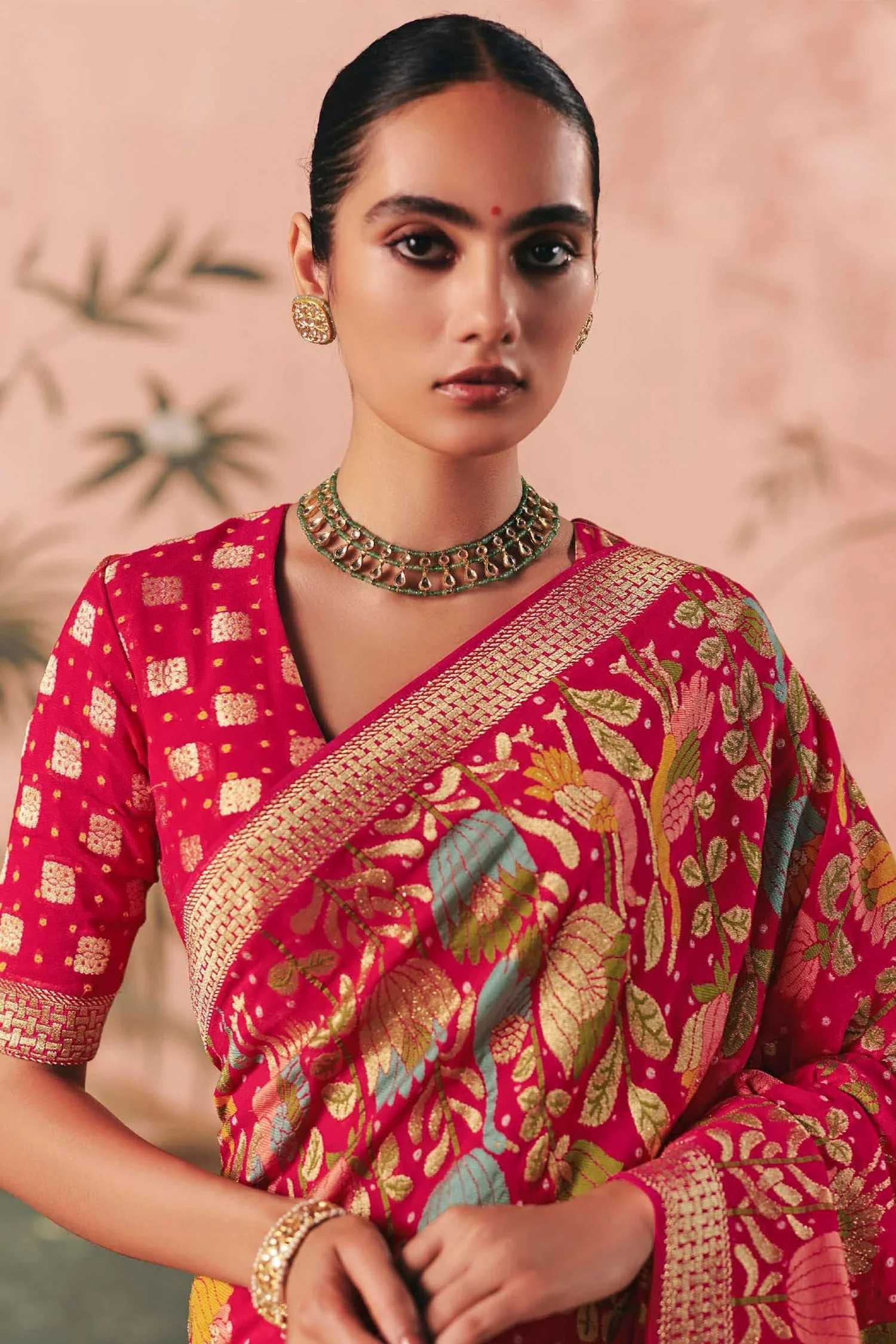 Pink Georgette Traditional Floral Motif Bandhej Saree - Image 4