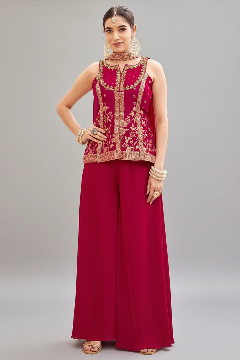 Pink Georgette Woven Palazzo Suit