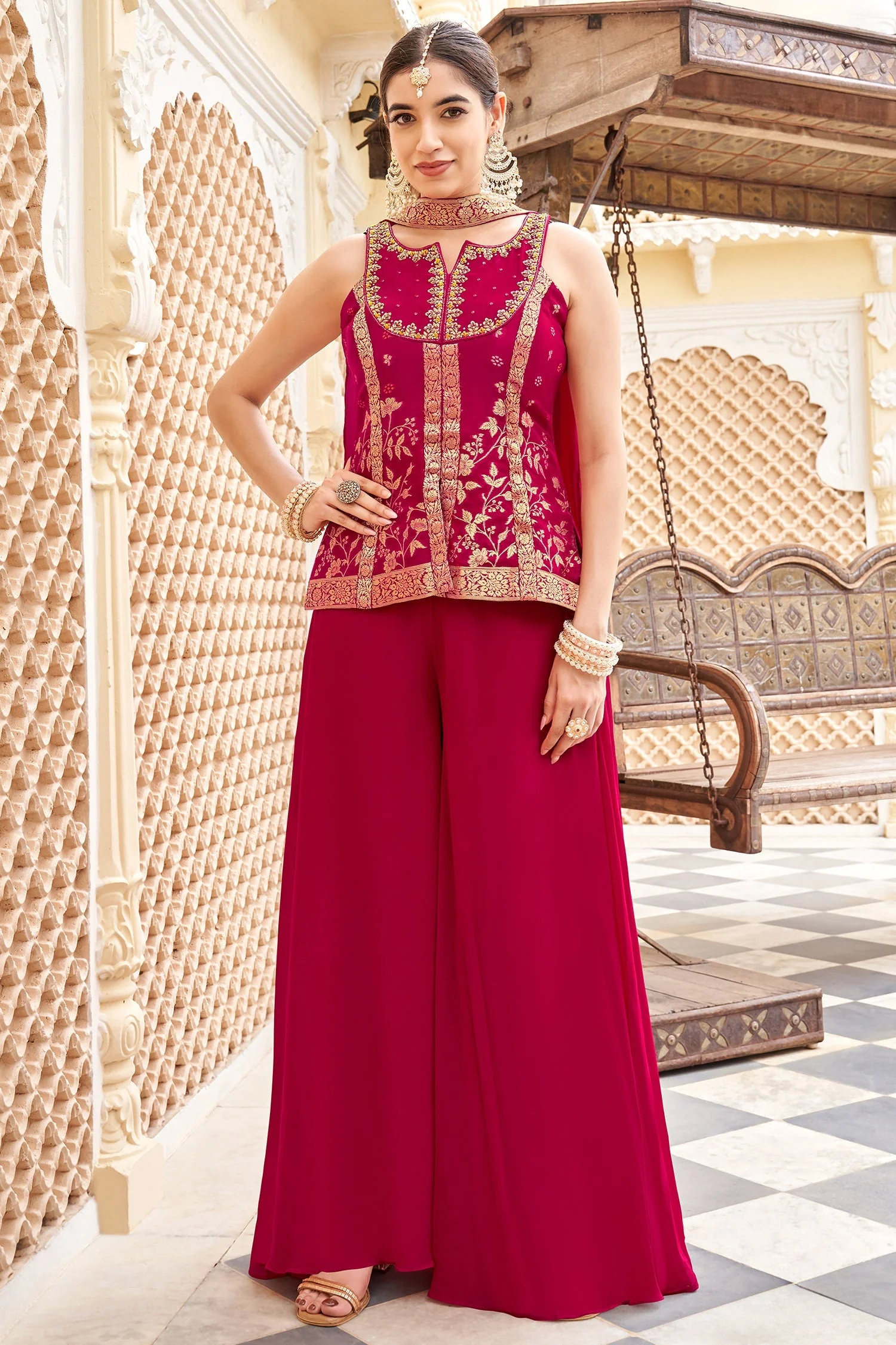 Pink Georgette Woven Palazzo Suit - Image 3