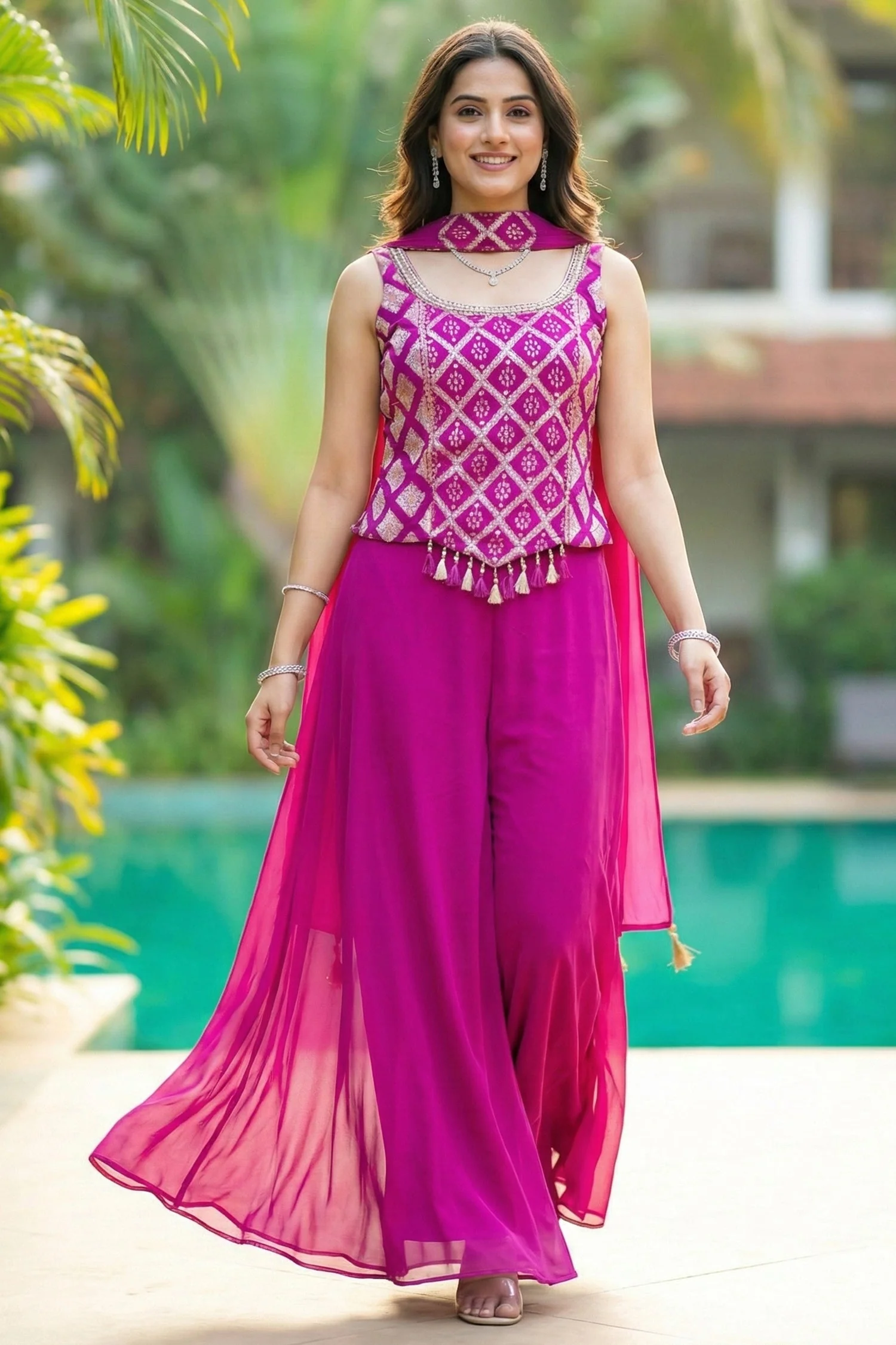 Pink Georgette Woven Top and Palazzo Set - Image 3