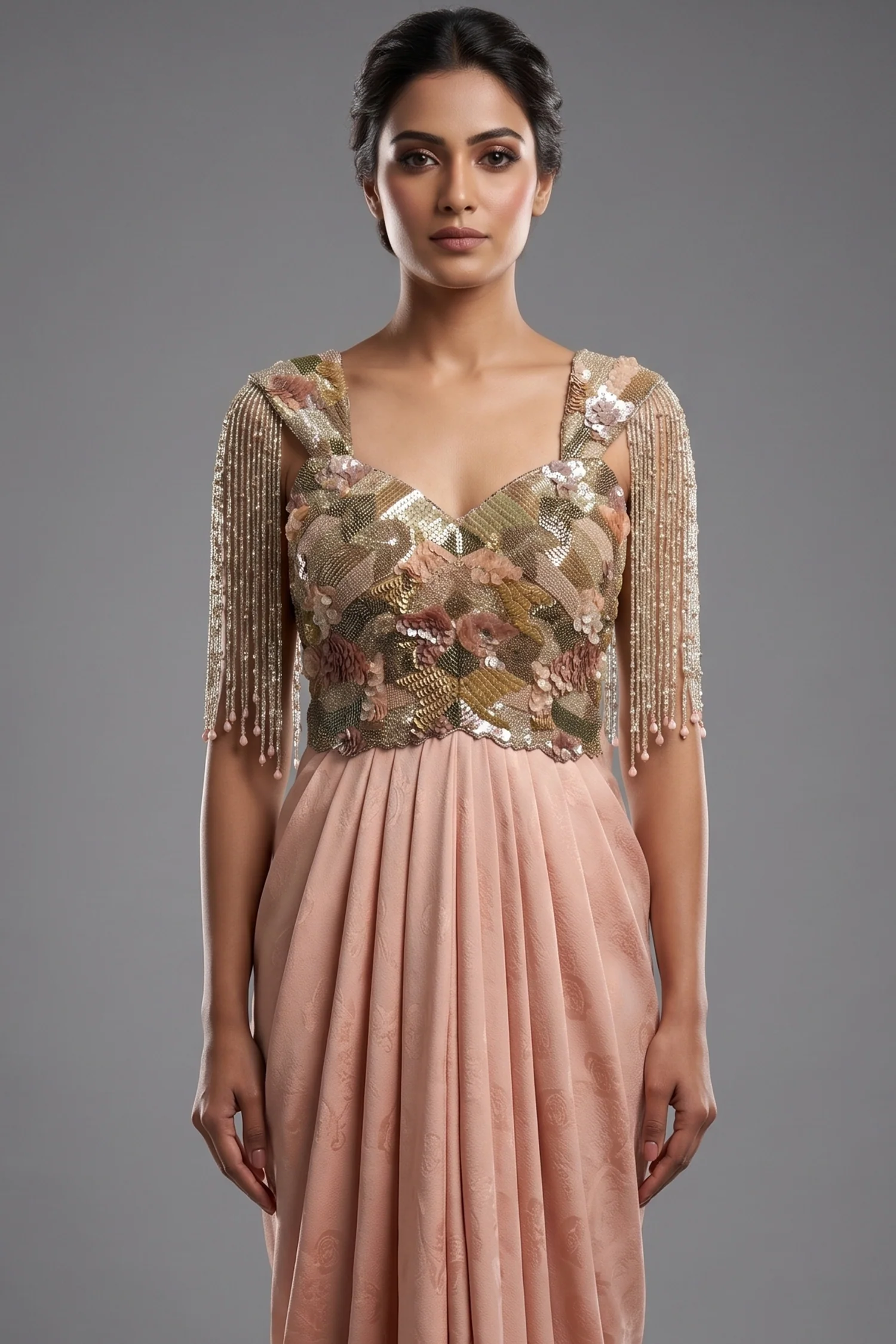 Pink Improted Sequin Cutdana Worked Fusion Gown - Image 2