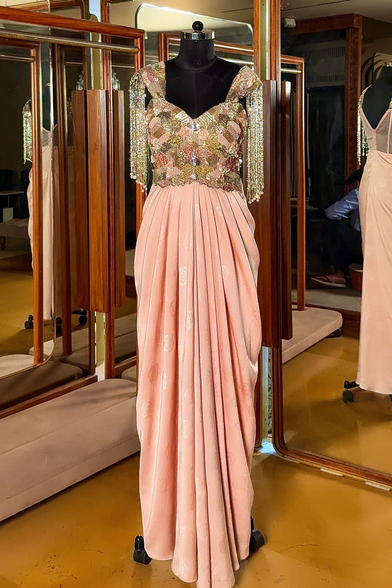 Pink Improted Sequin Cutdana Worked Fusion Gown - Image 4