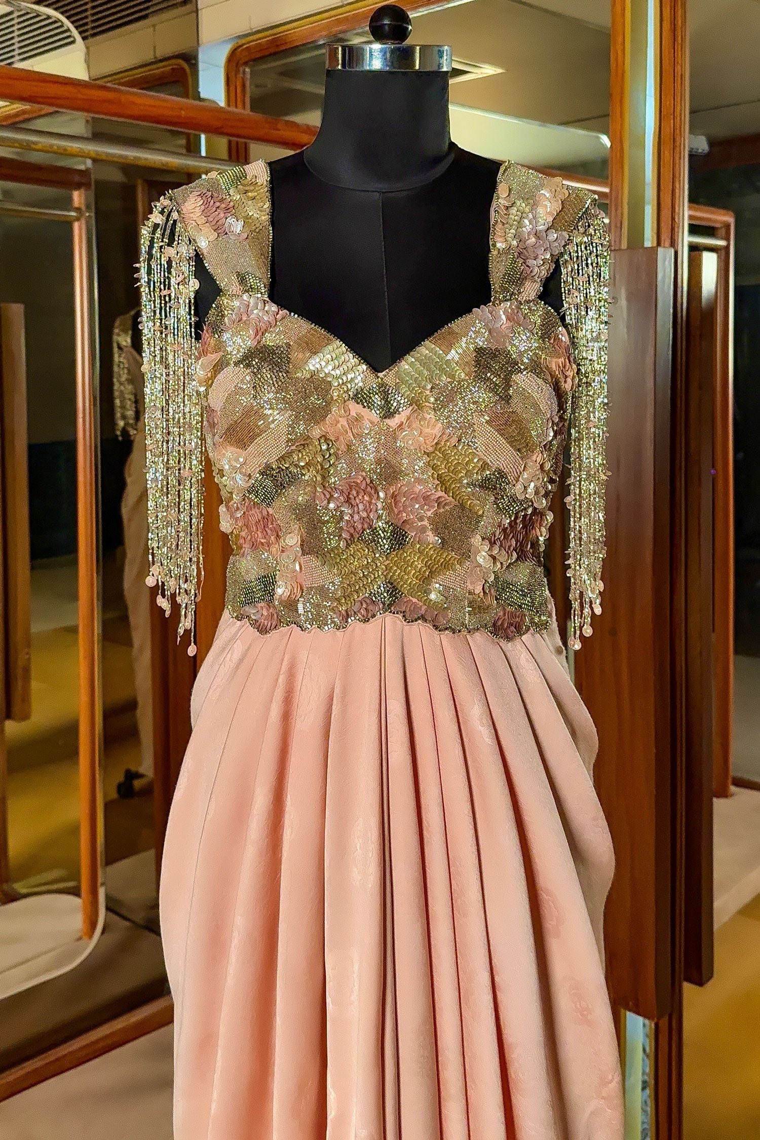 Pink Improted Sequin Cutdana Worked Fusion Gown - Image 5