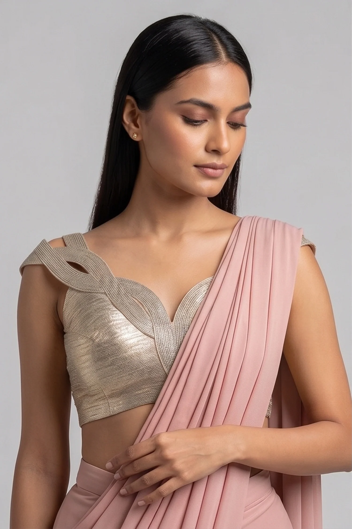 Pink Lycra Net Pre Draped Saree with Structured Blouse - Image 2
