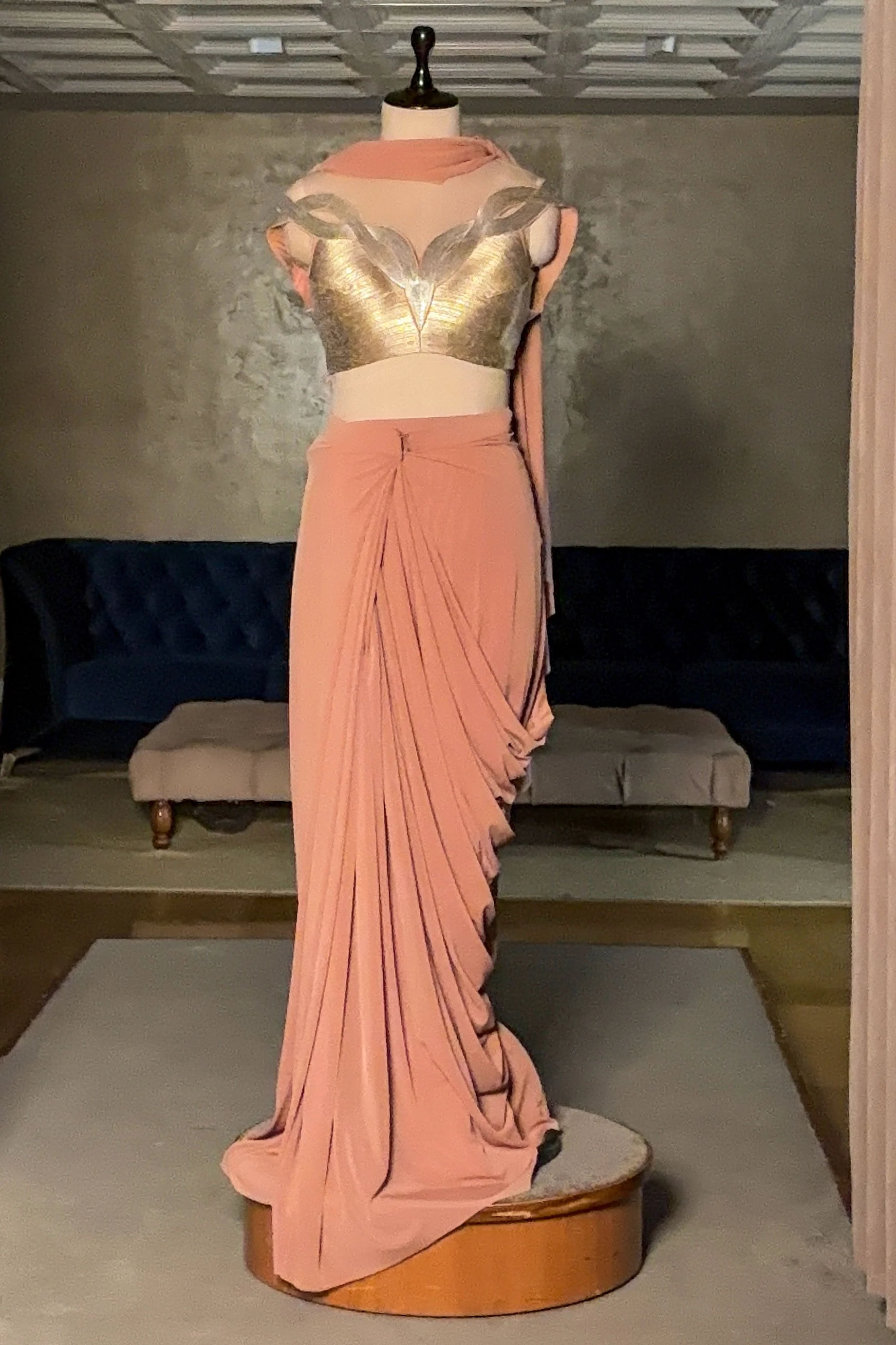 Pink Lycra Net Pre Draped Saree with Structured Blouse - Image 3