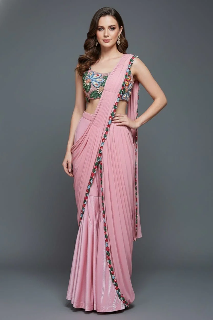 Pink Lycra Net Readymade Saree with Beaded and Cutdana Work