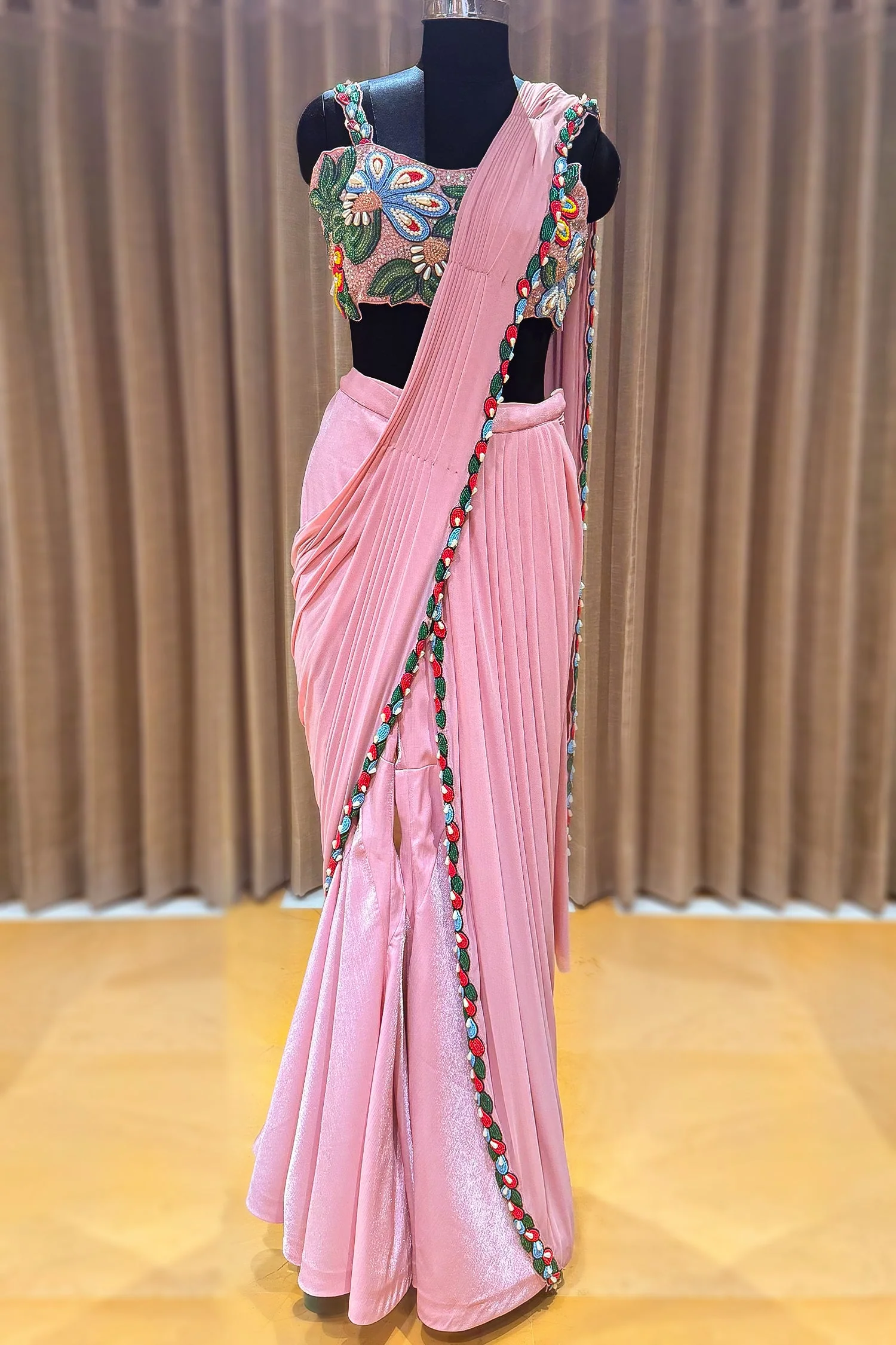 Pink Lycra Net Readymade Saree with Beaded and Cutdana Work - Image 3