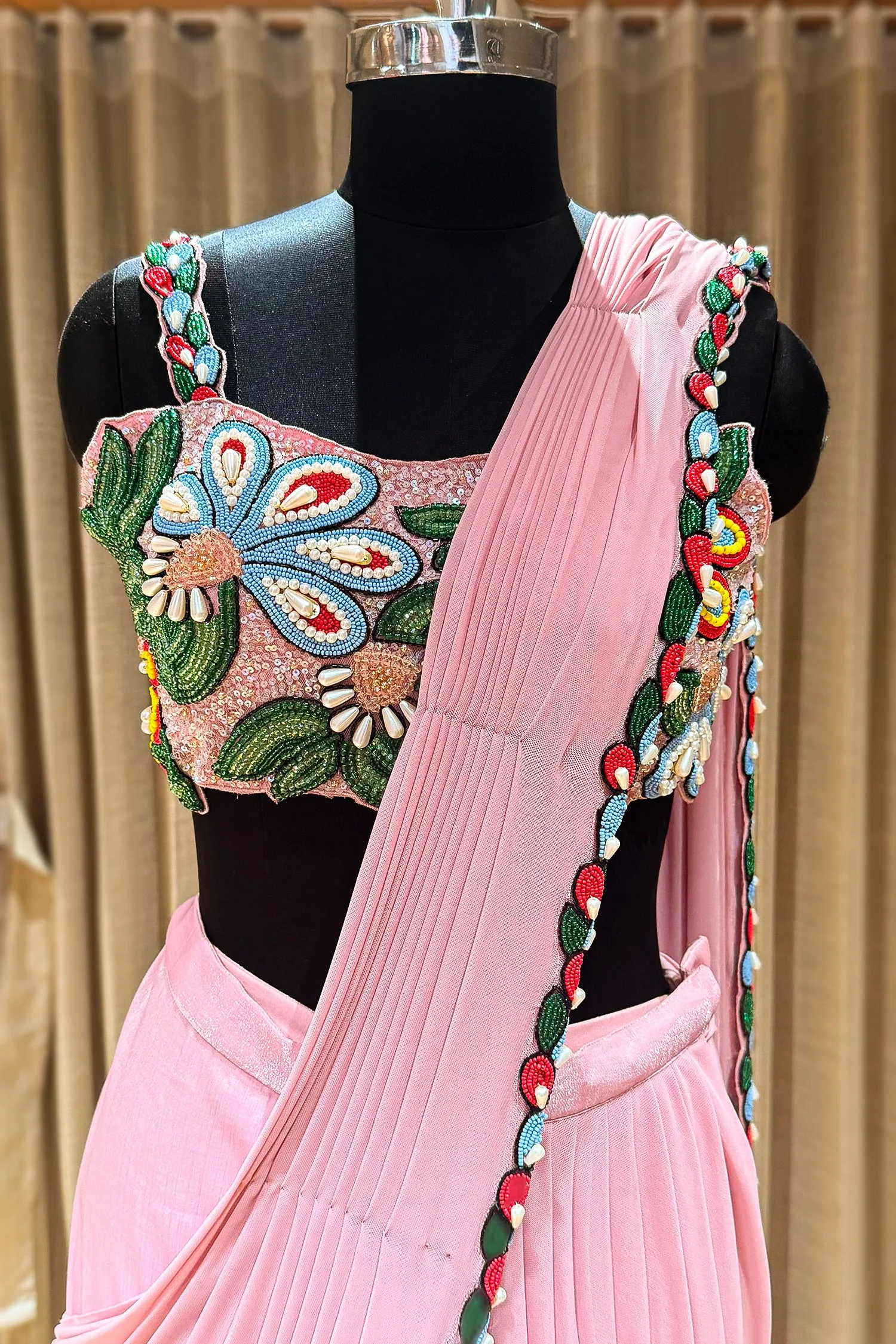 Pink Lycra Net Readymade Saree with Beaded and Cutdana Work - Image 4